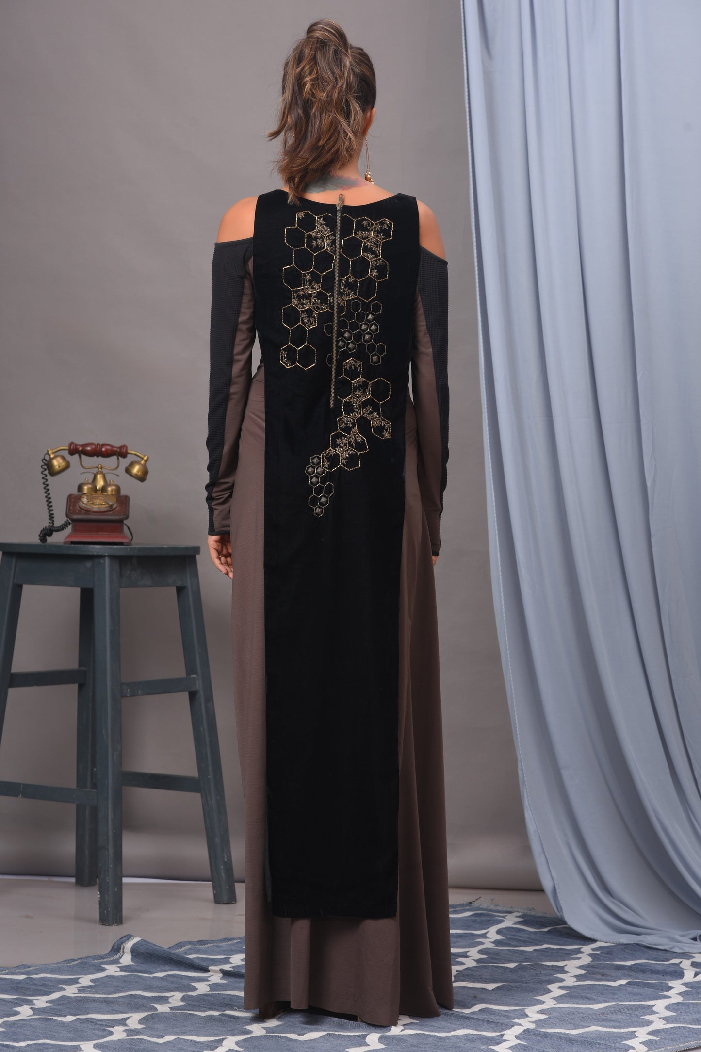 Black and Grey Cold Shoulder Spandex Embellished Gown