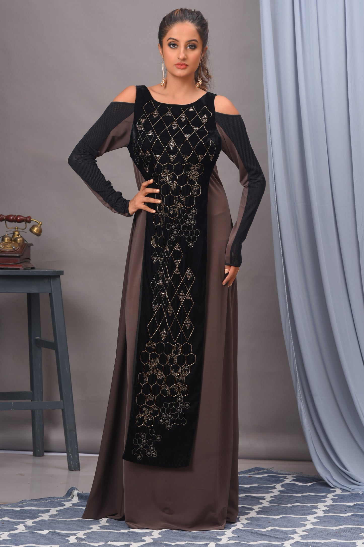 Black and Grey Cold Shoulder Spandex Embellished Gown