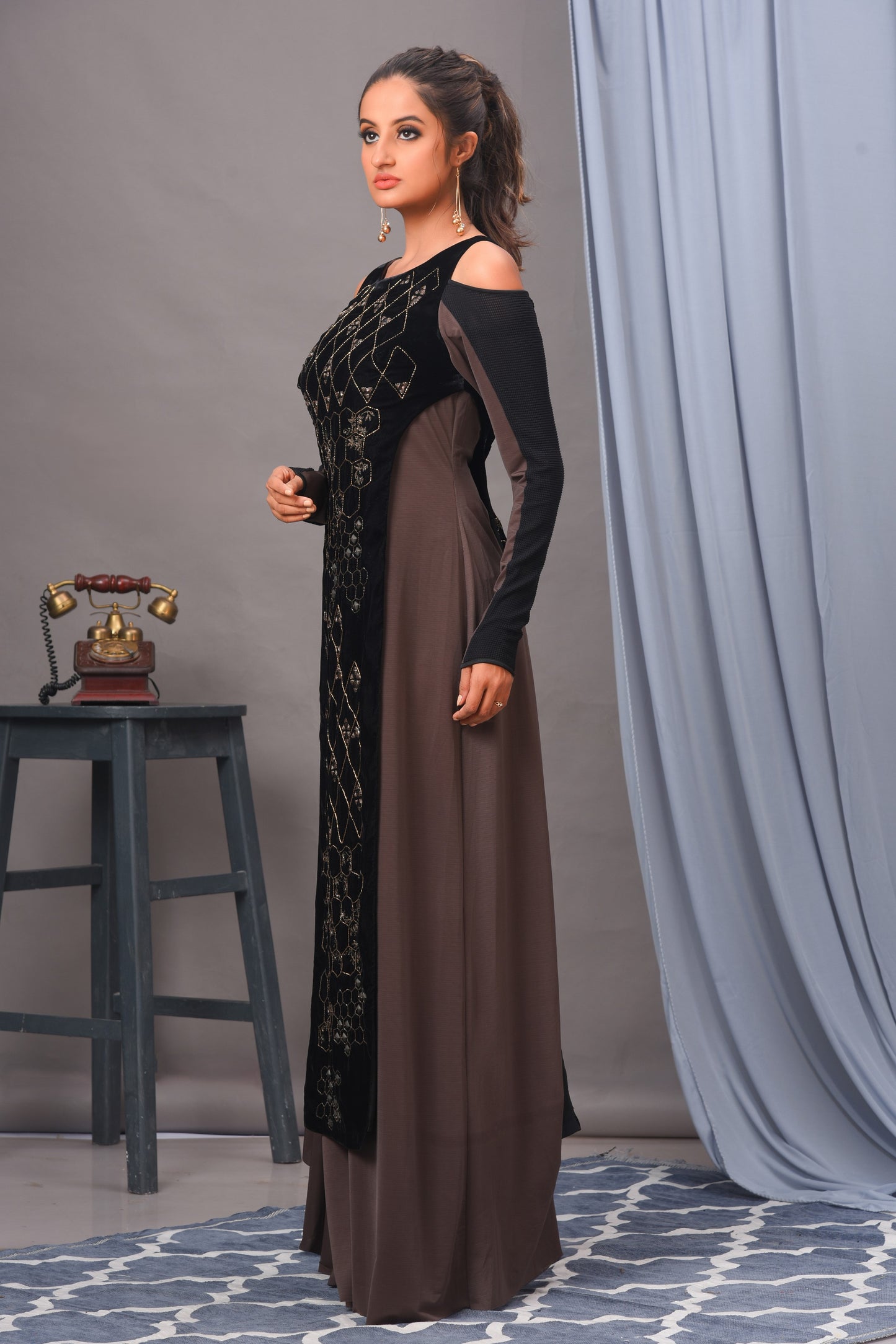 Black and Grey Cold Shoulder Spandex Embellished Gown