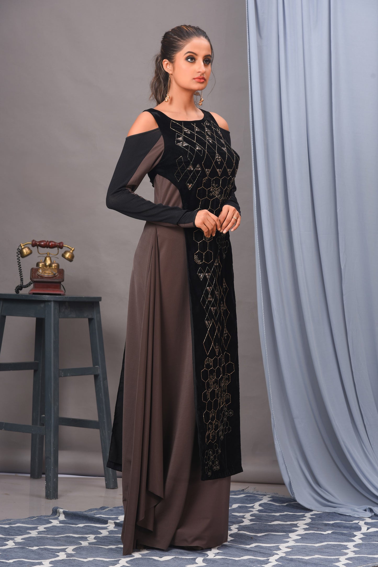Black and Grey Cold Shoulder Spandex Embellished Gown