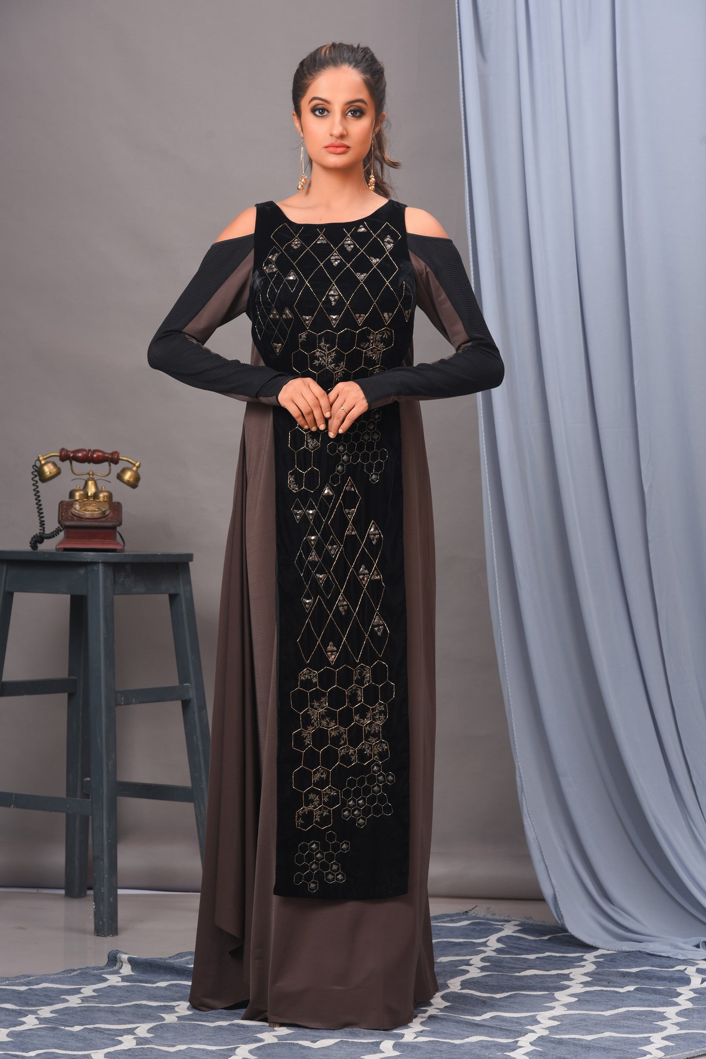 Black and Grey Cold Shoulder Spandex Embellished Gown