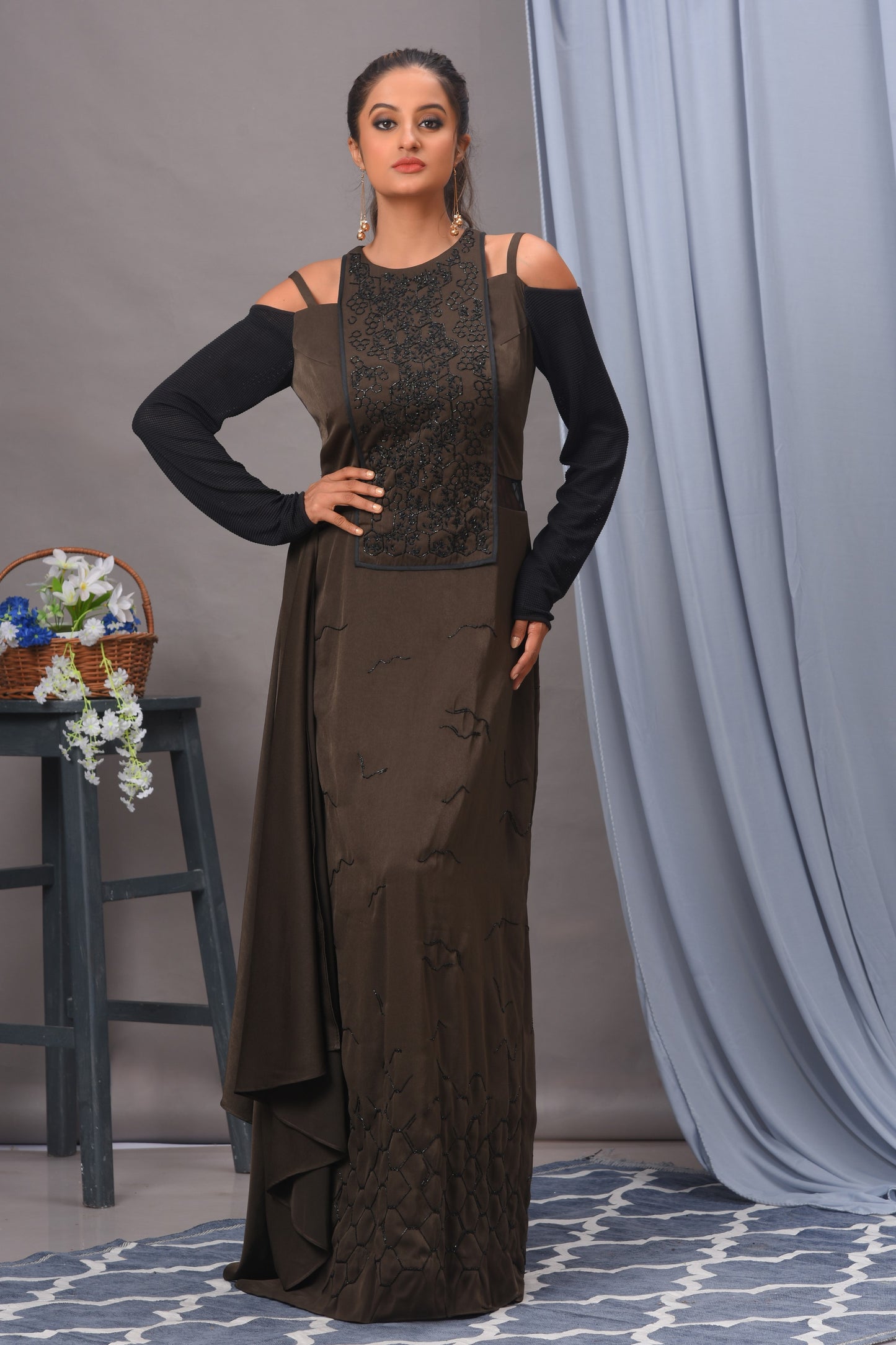 Olive Green and Black Cold Shoulder Satin Gown