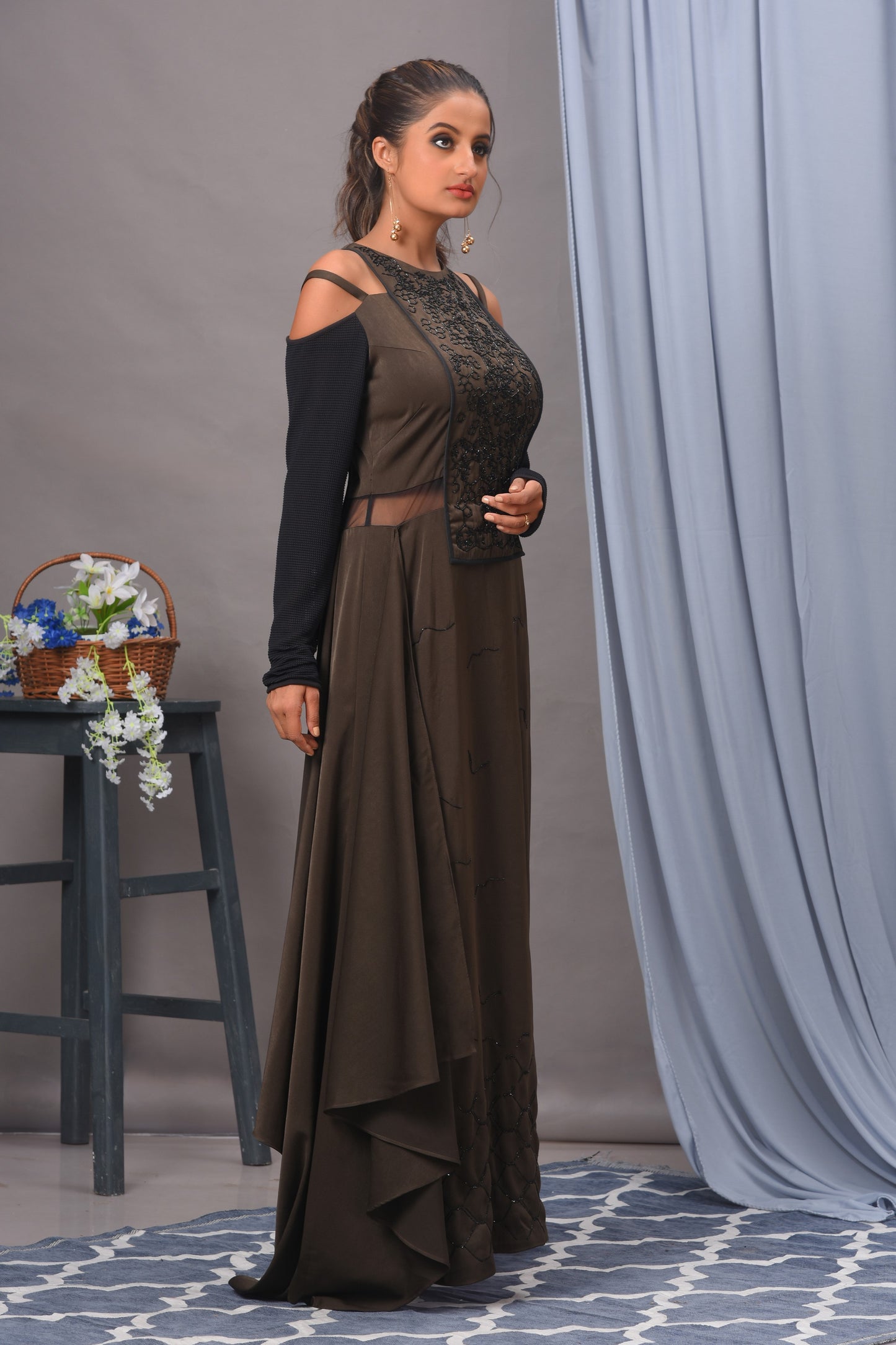 Olive Green and Black Cold Shoulder Satin Gown