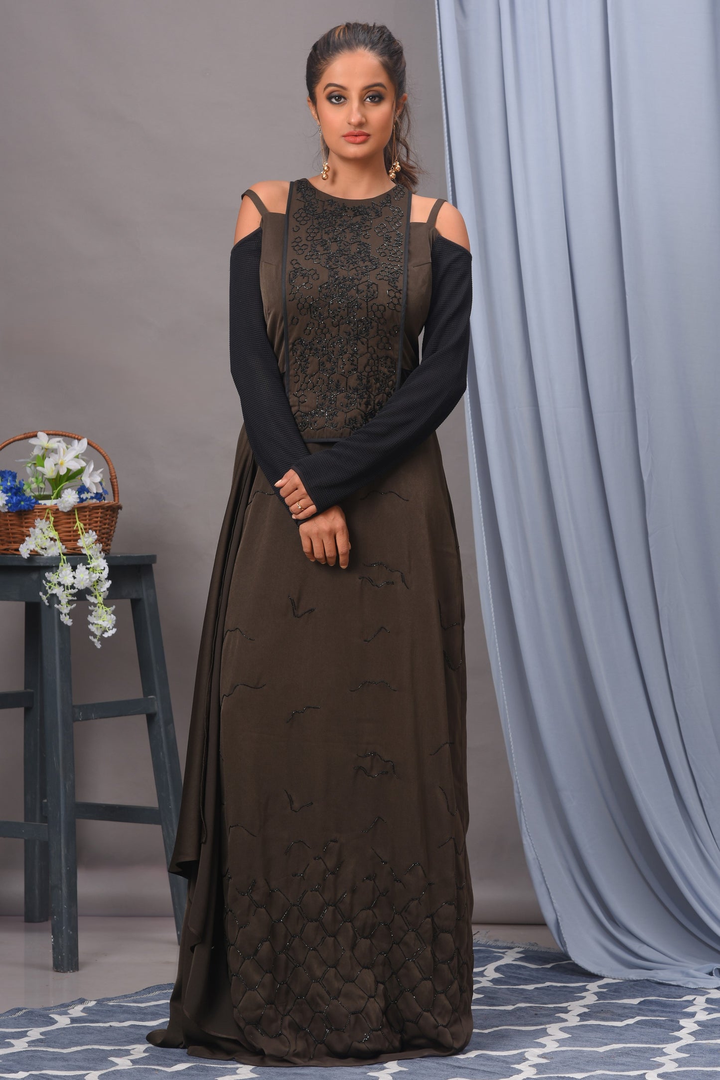 Olive Green and Black Cold Shoulder Satin Gown