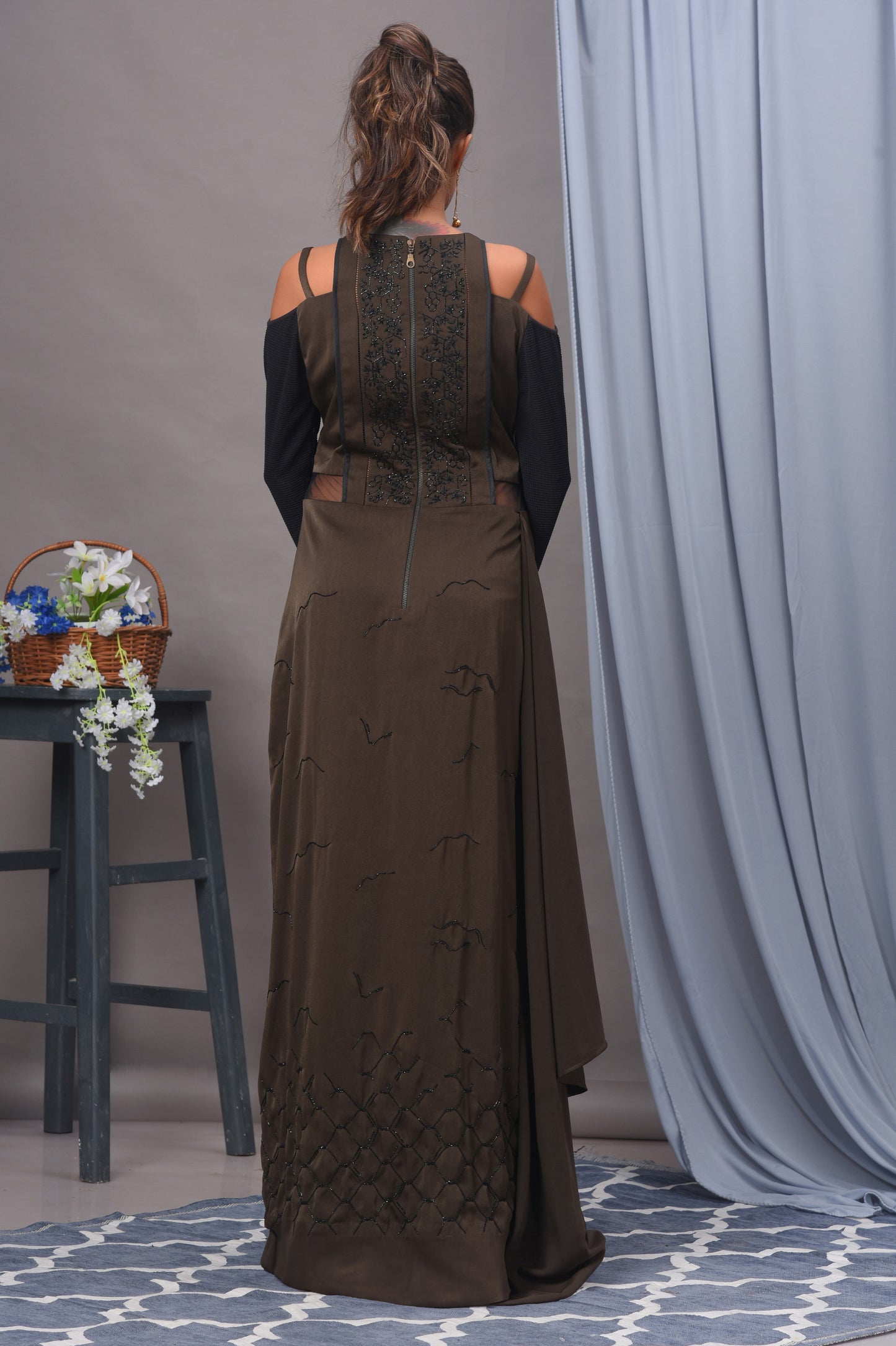 Olive Green and Black Cold Shoulder Satin Gown