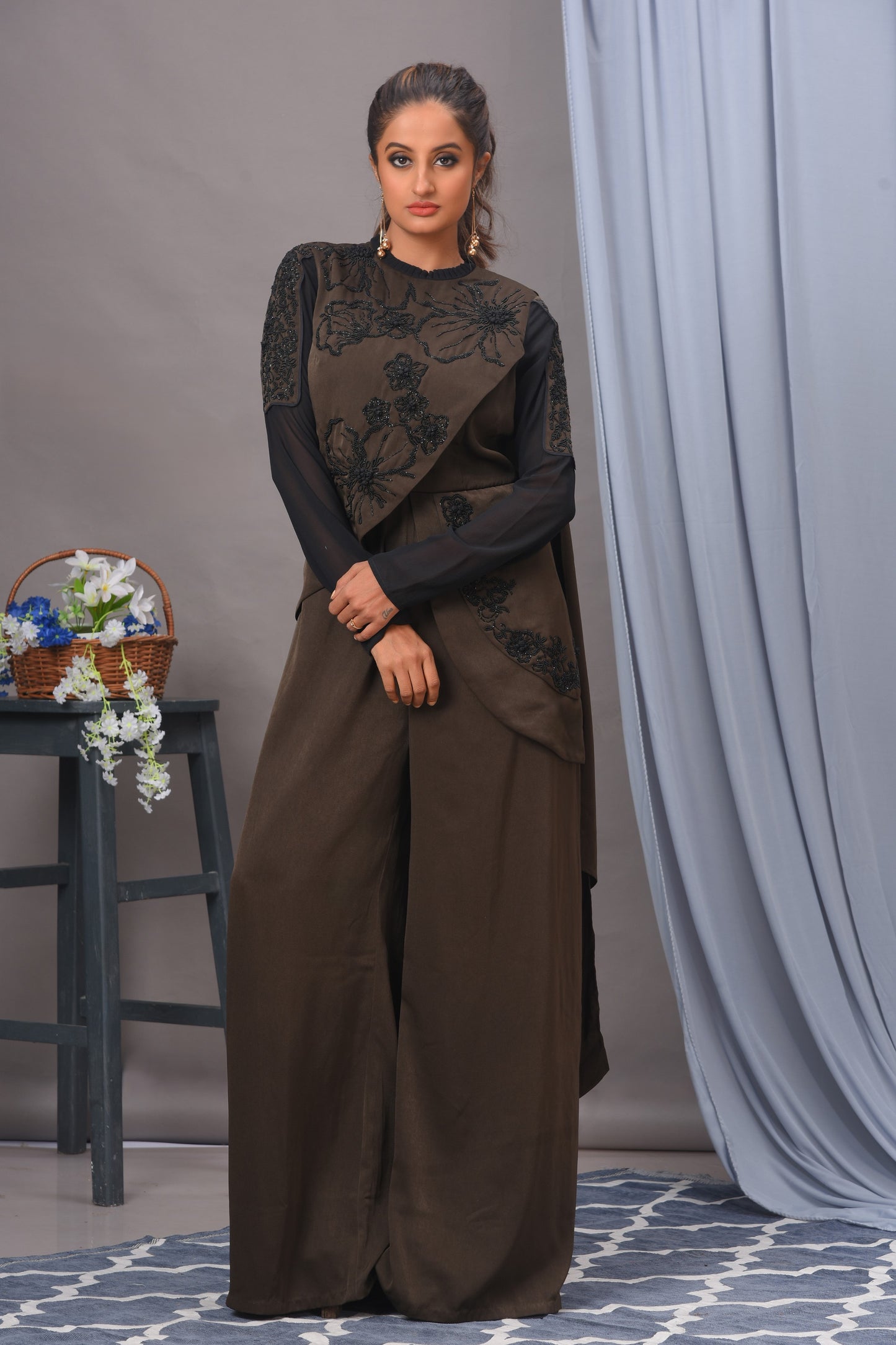 Olive Green and Black Satin Embroidered Jumpsuit