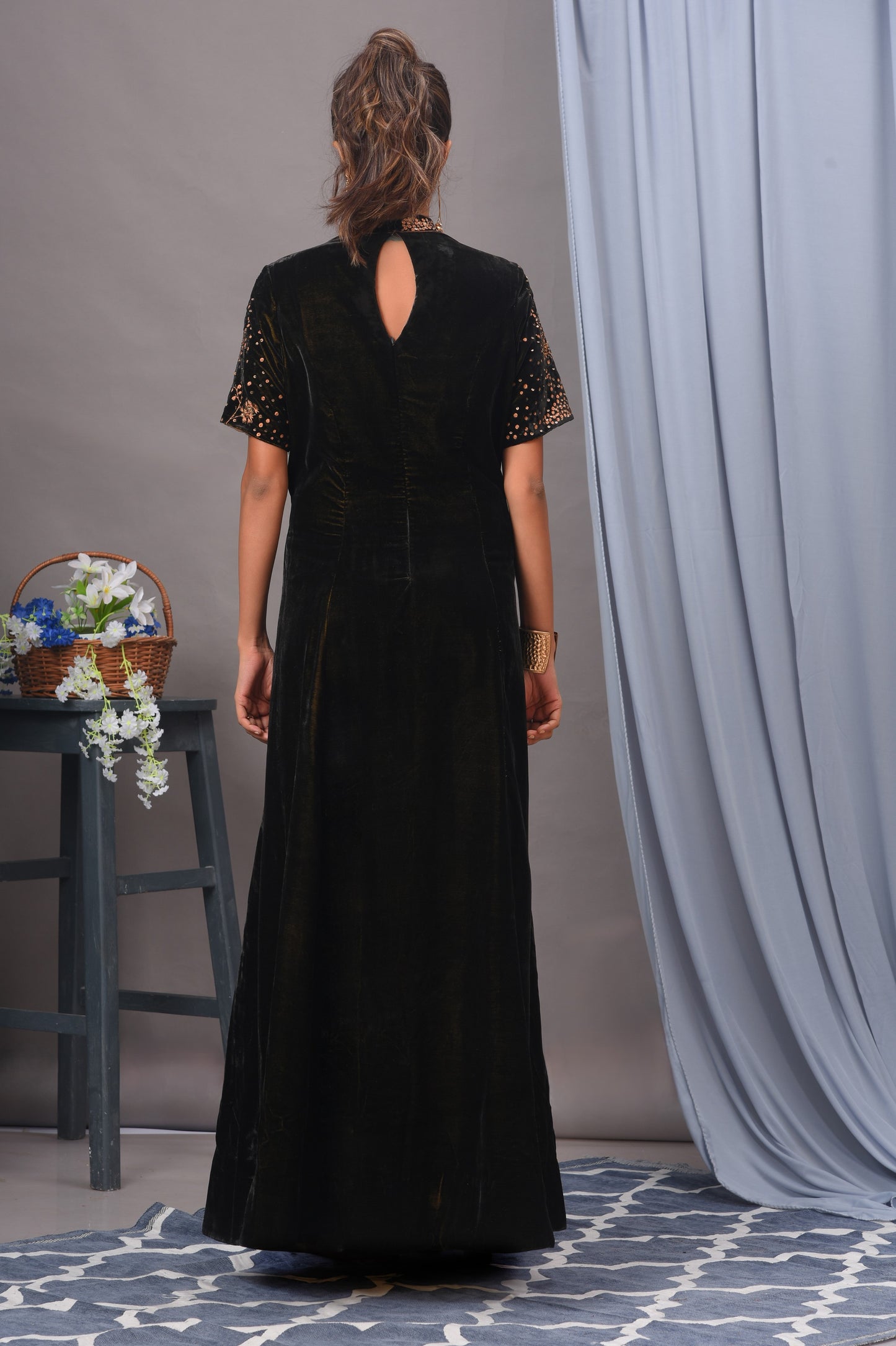 Black Velvet Sequin Embellished Gown