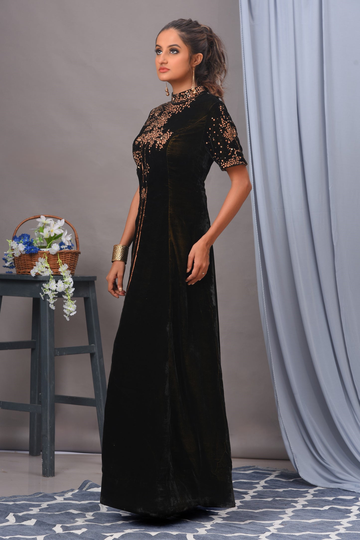 Black Velvet Sequin Embellished Gown