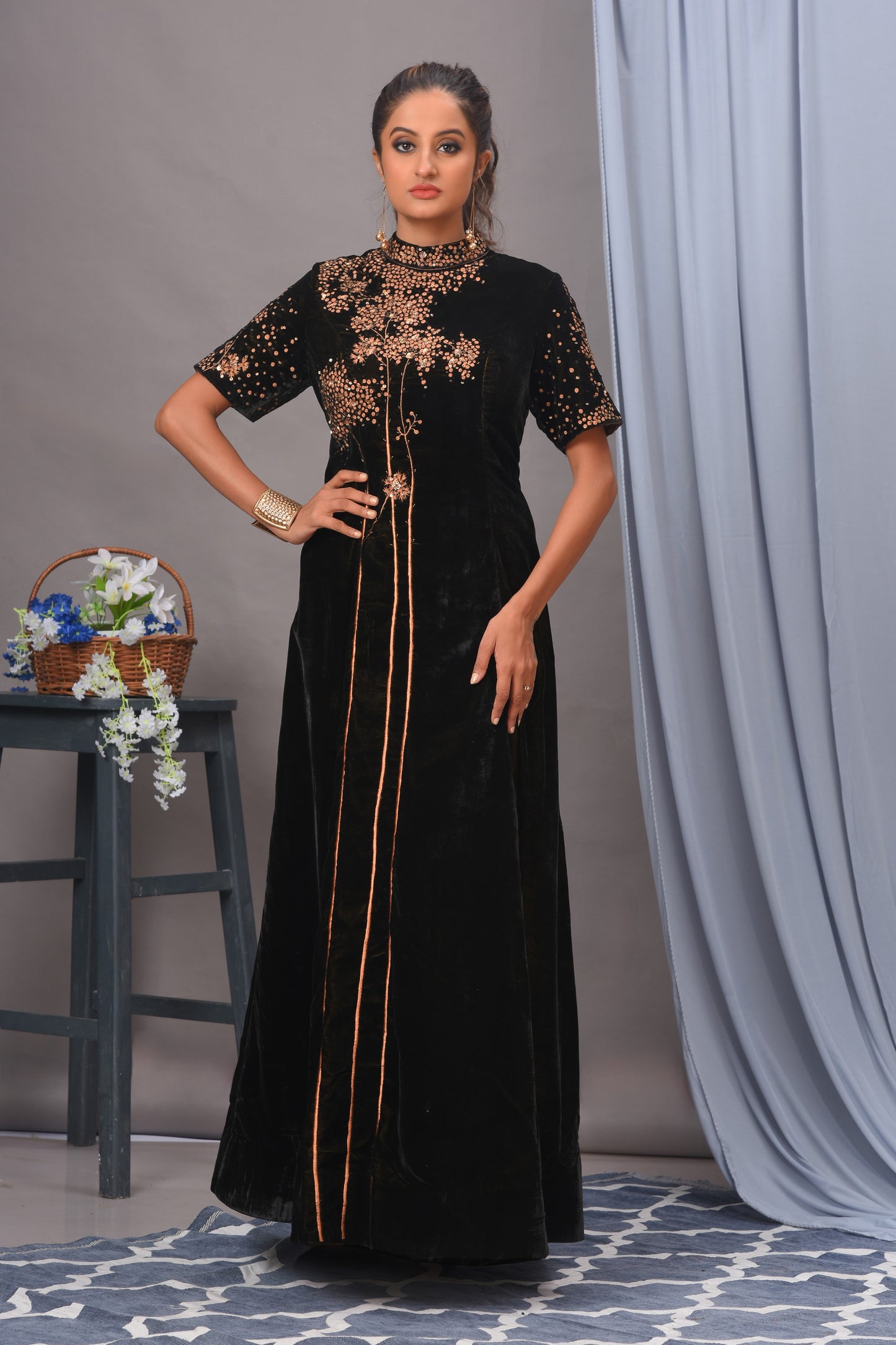 Black Velvet Sequin Embellished Gown