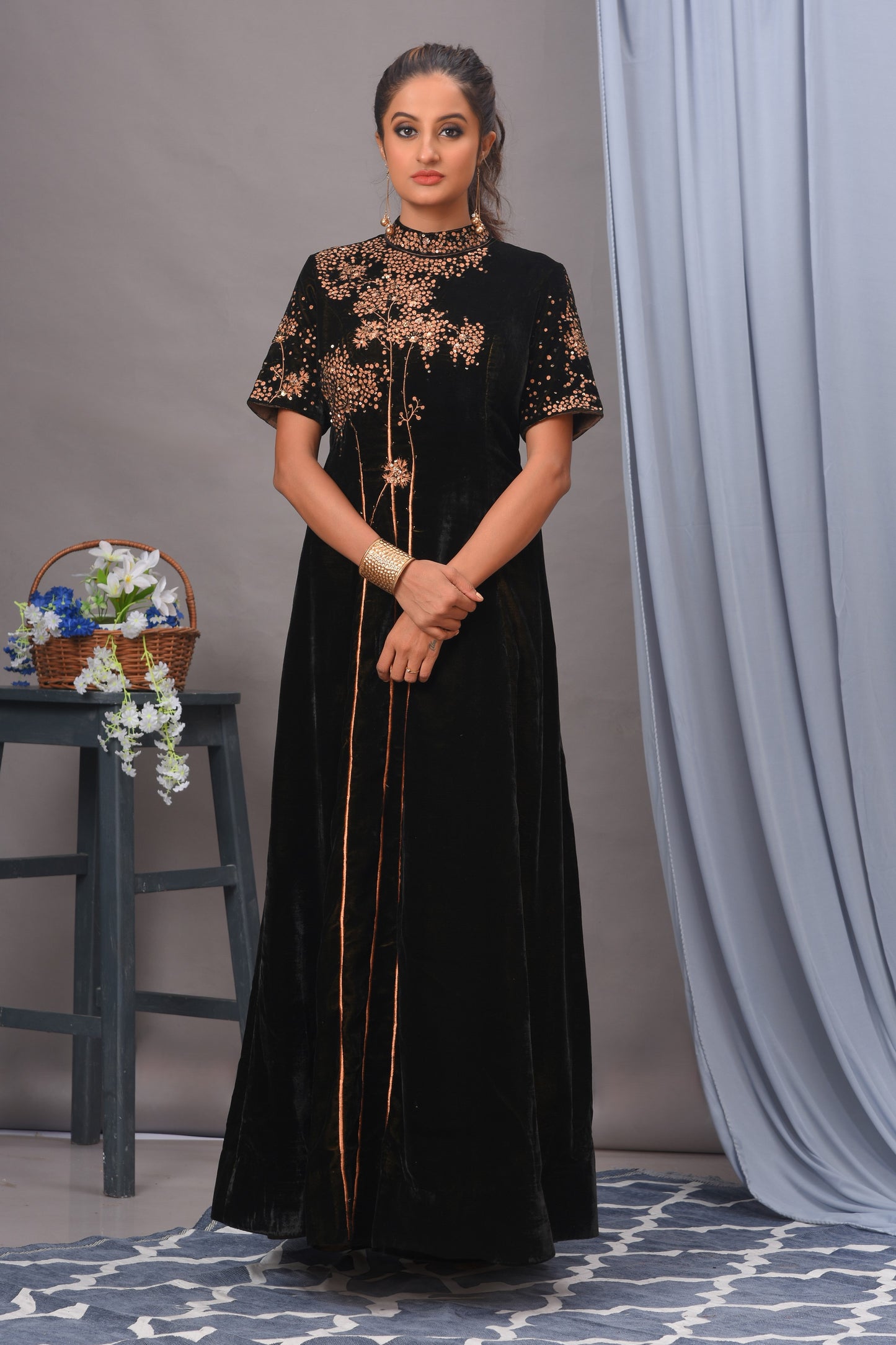 Black Velvet Sequin Embellished Gown