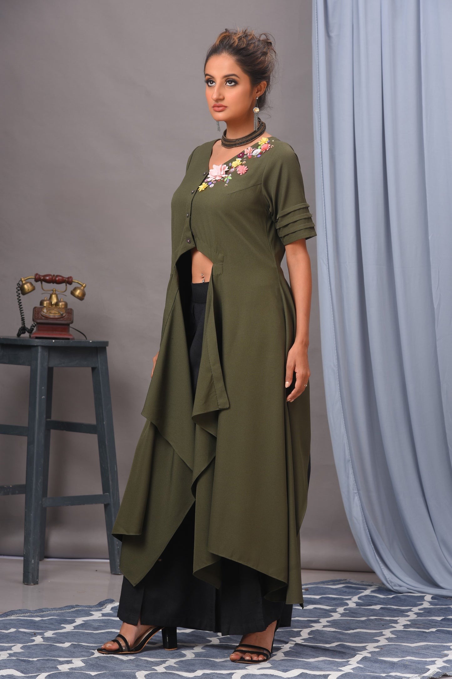 Olive Green Embroidered Crepe Asymmetric Tunic Set