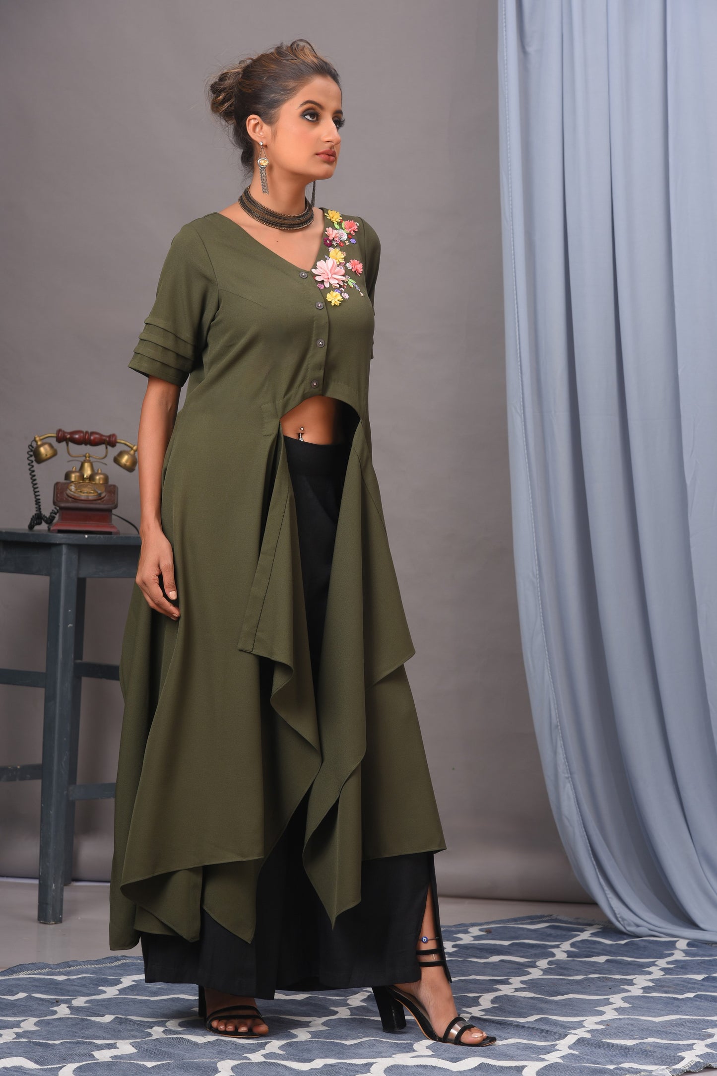 Olive Green Embroidered Crepe Asymmetric Tunic Set