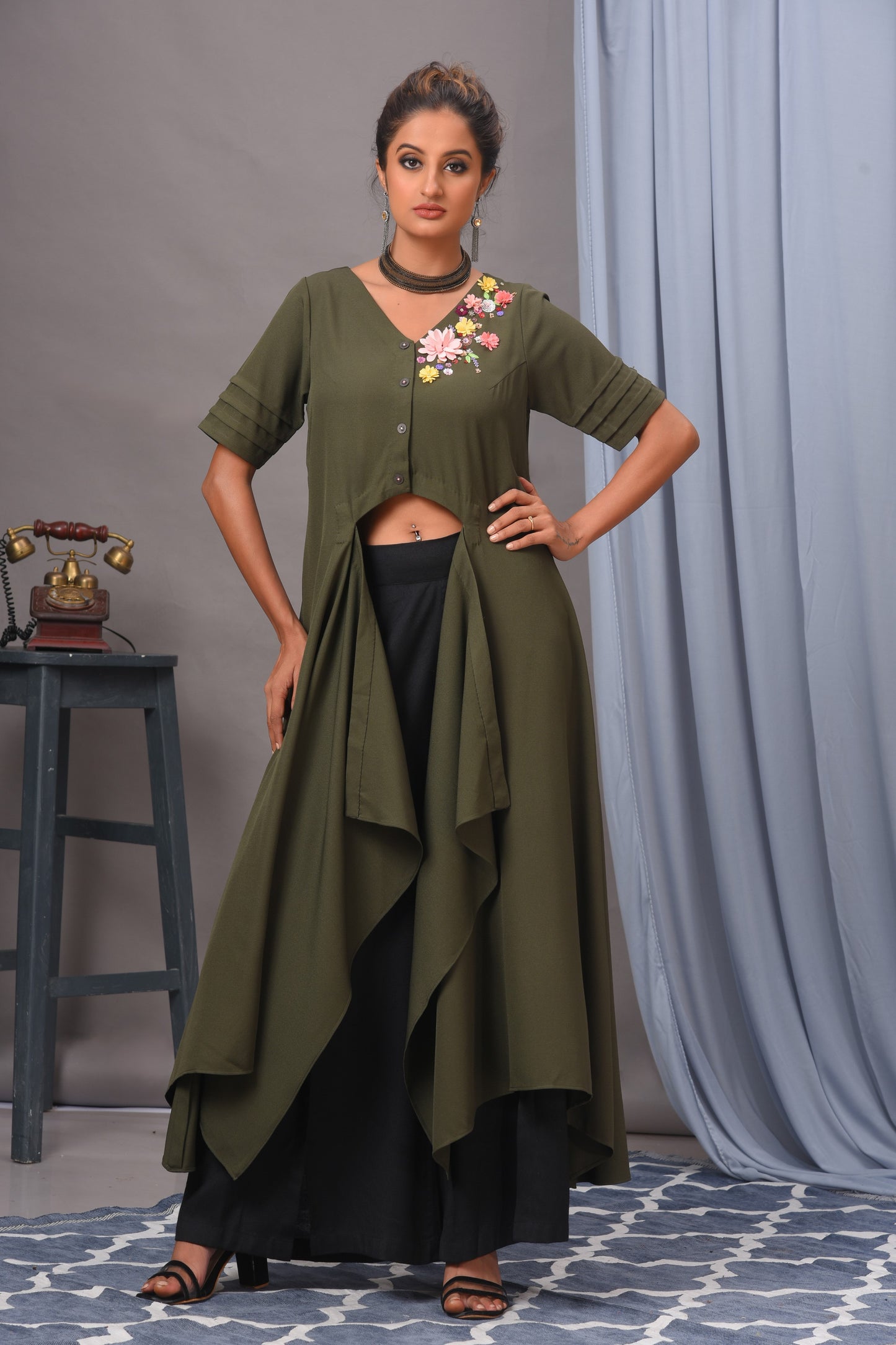 Olive Green Embroidered Crepe Asymmetric Tunic Set