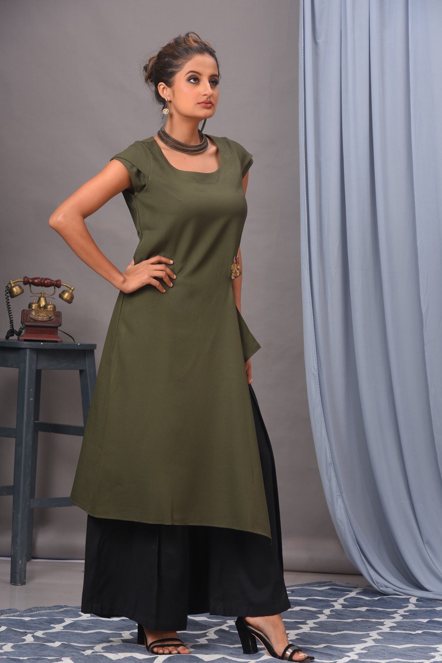 Olive Green Embroidered Crepe Tunic Set