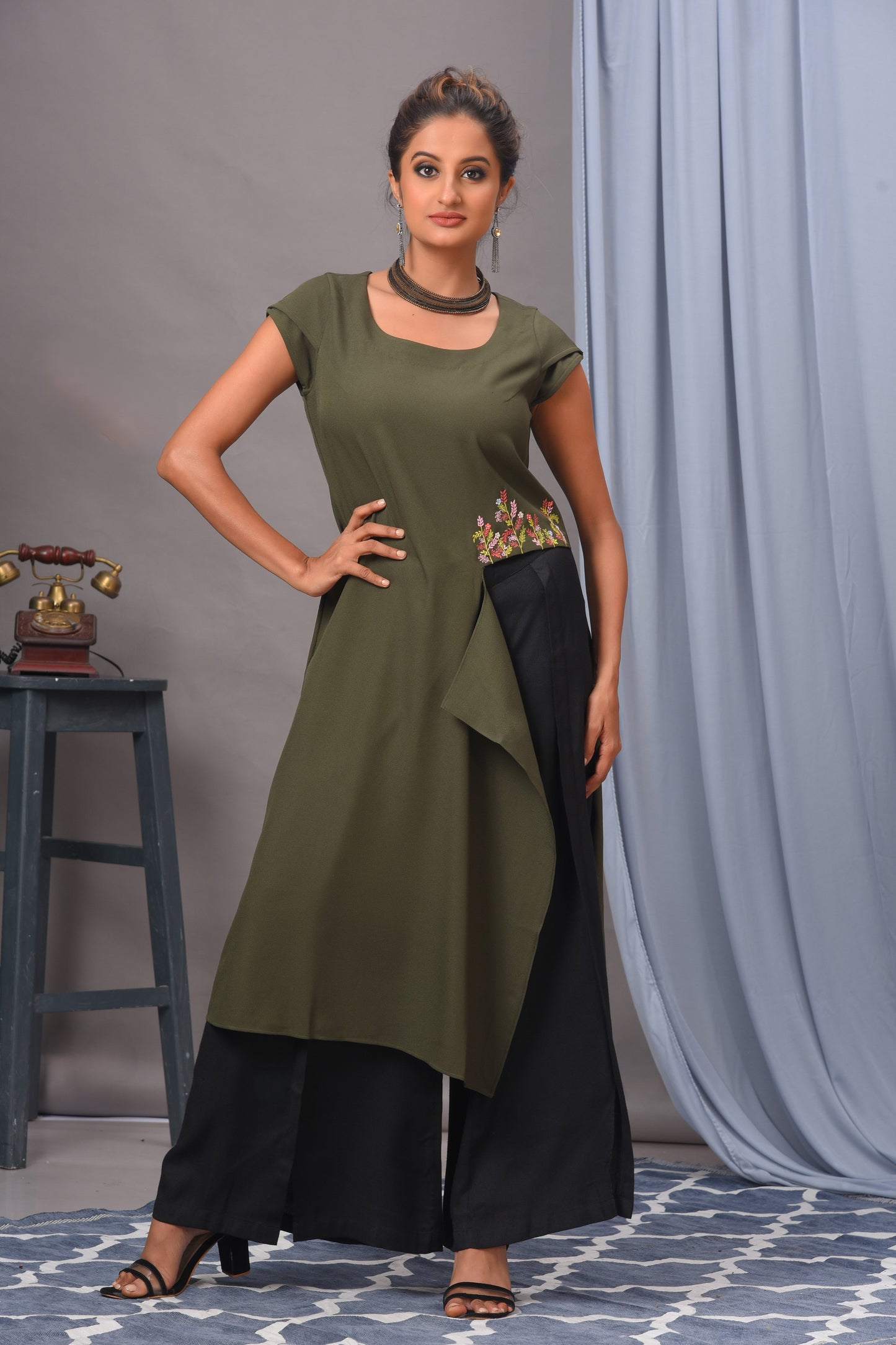 Olive Green Embroidered Crepe Tunic Set