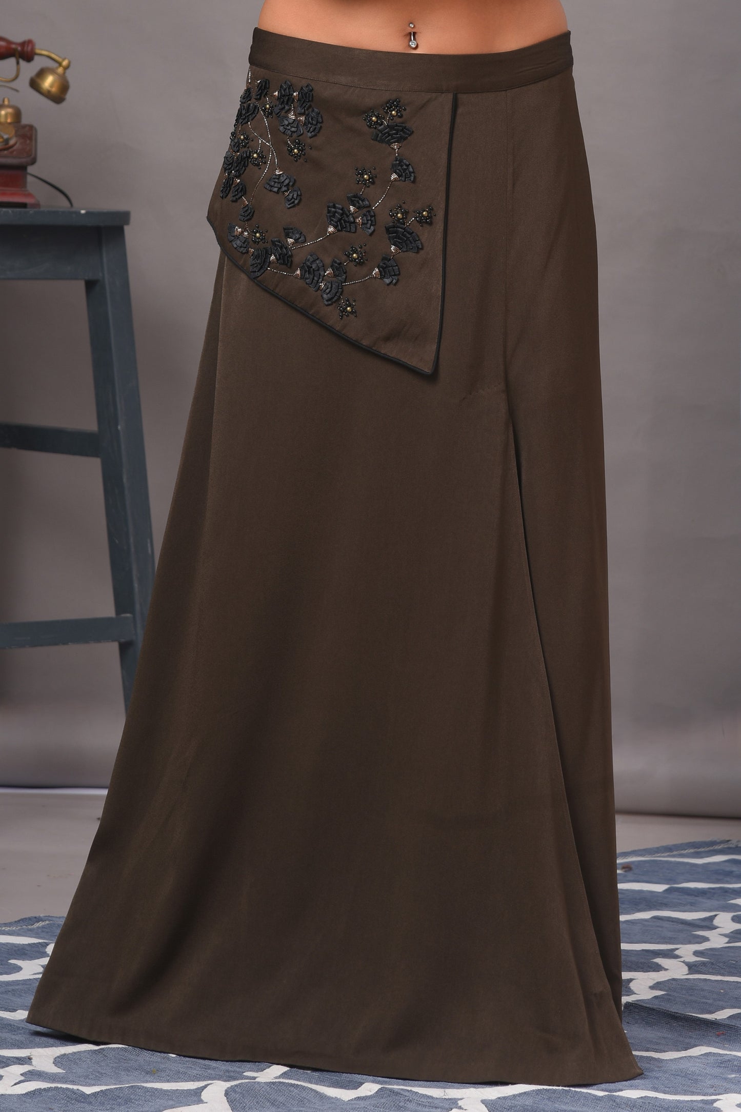 Black and Olive Green Embellished Skirt Set