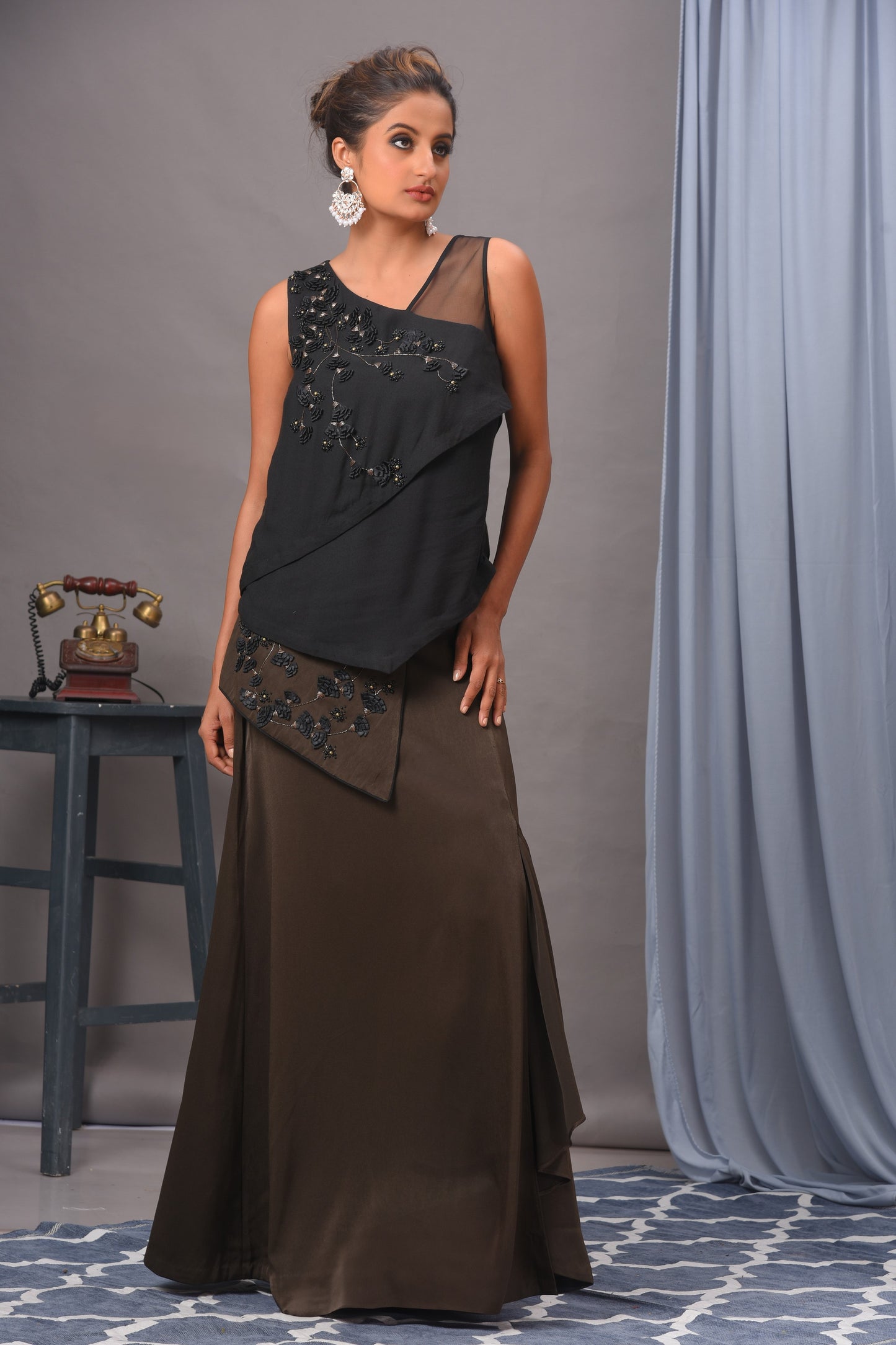 Black and Olive Green Embellished Skirt Set