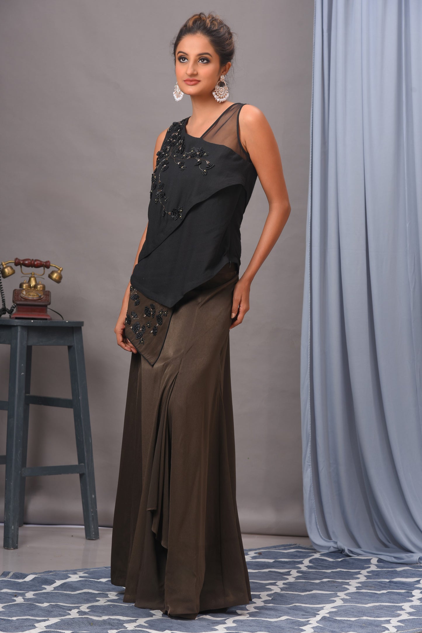 Black and Olive Green Embellished Skirt Set