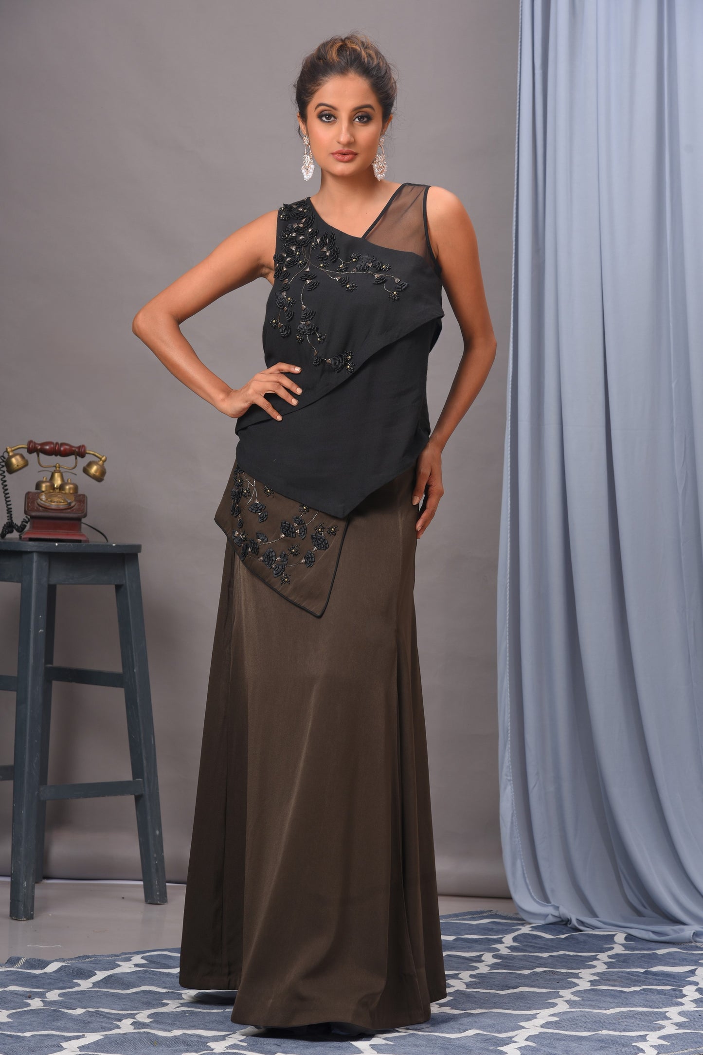 Black and Olive Green Embellished Skirt Set