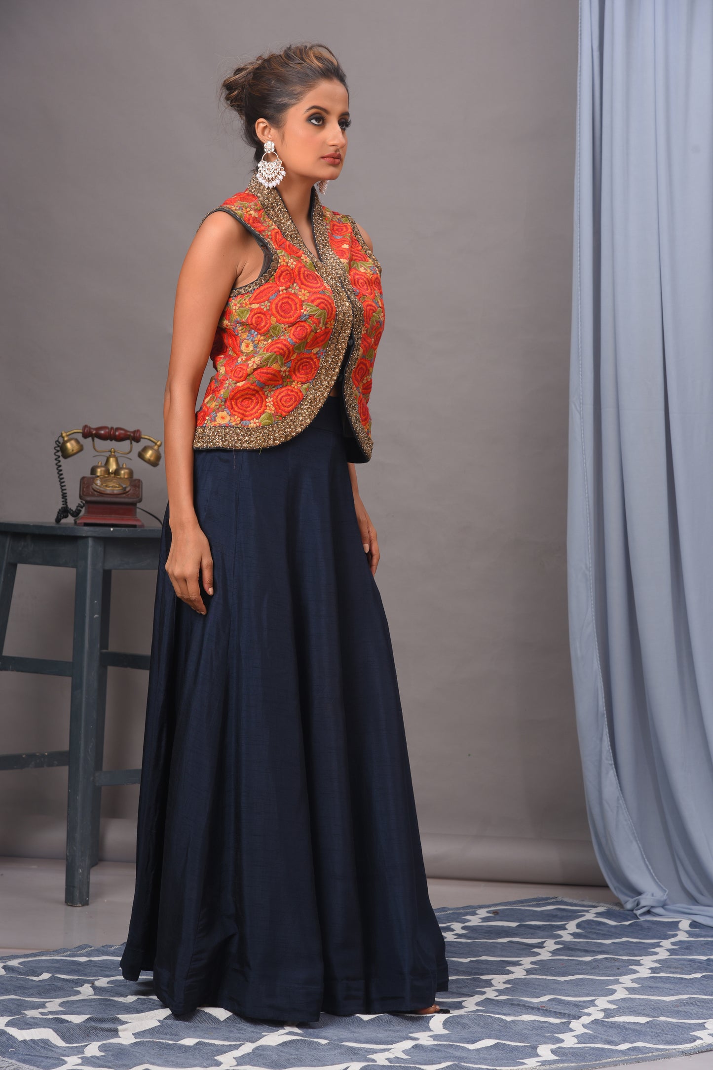 Red & Navy Blue Bamberg Silk Embroidered Jacket and Skirt Set