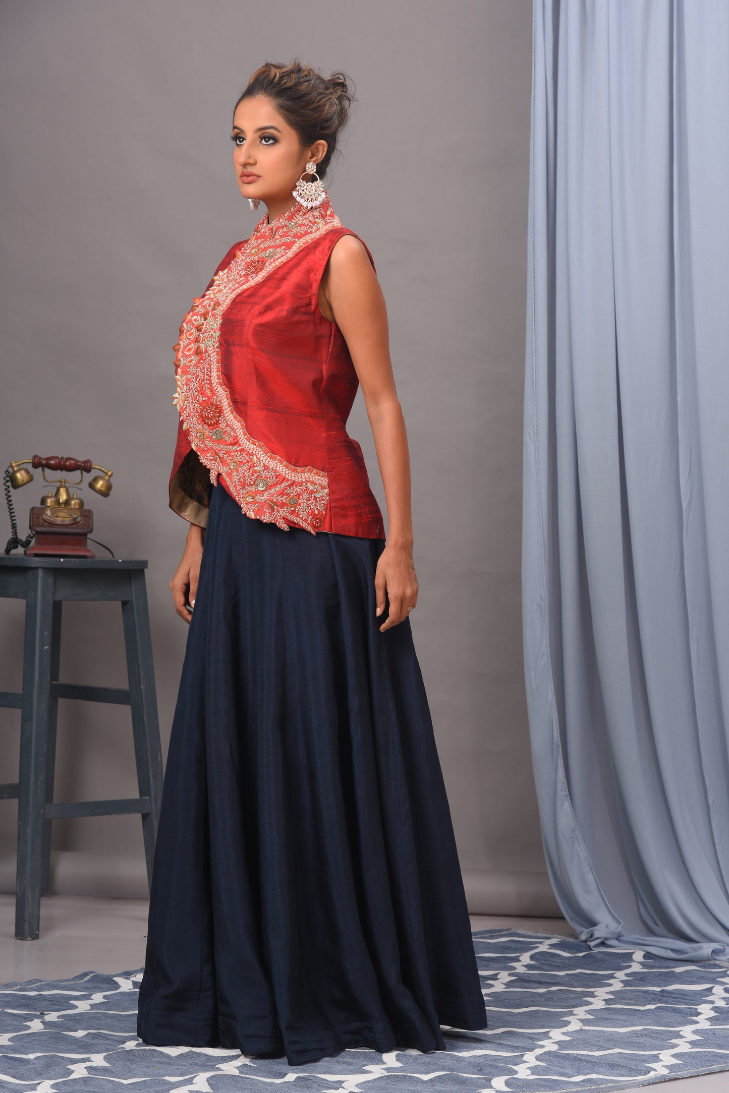 Bamberg Silk Red & Navy Blue Embroidered Jacket and Skirt Set