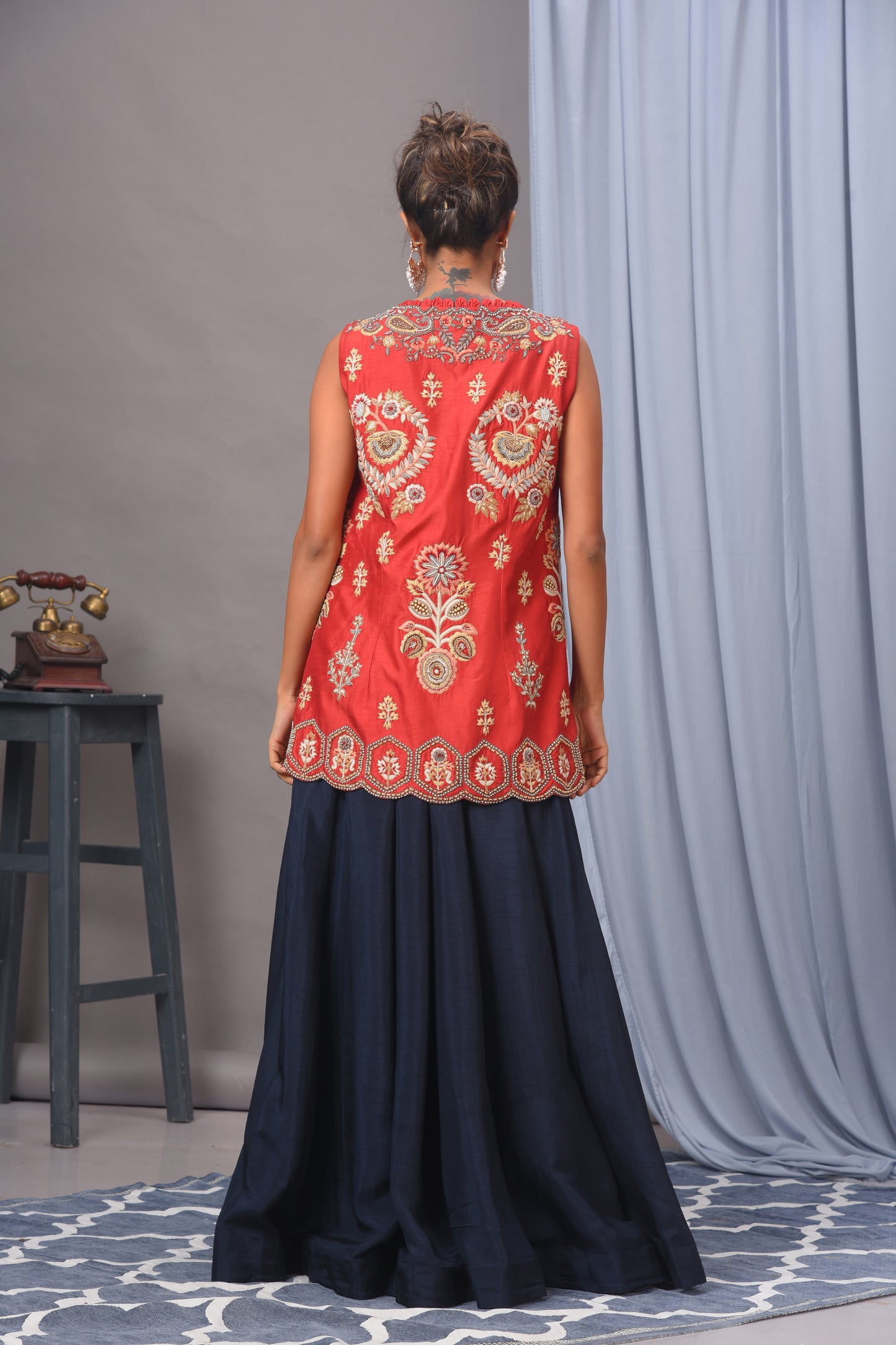 Red & Navy Blue Bamberg Silk Jacket and Skirt Set