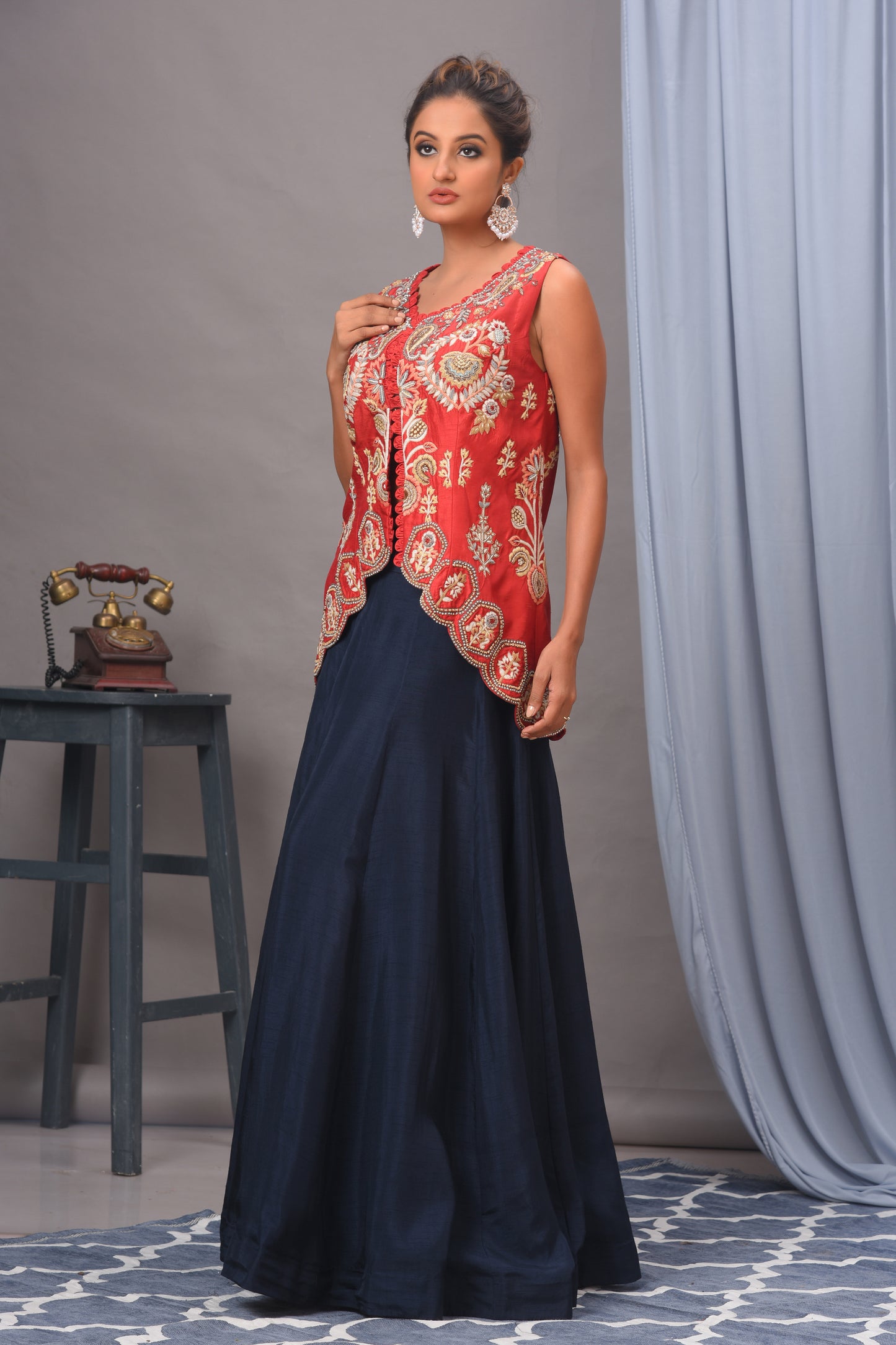 Red & Navy Blue Bamberg Silk Jacket and Skirt Set