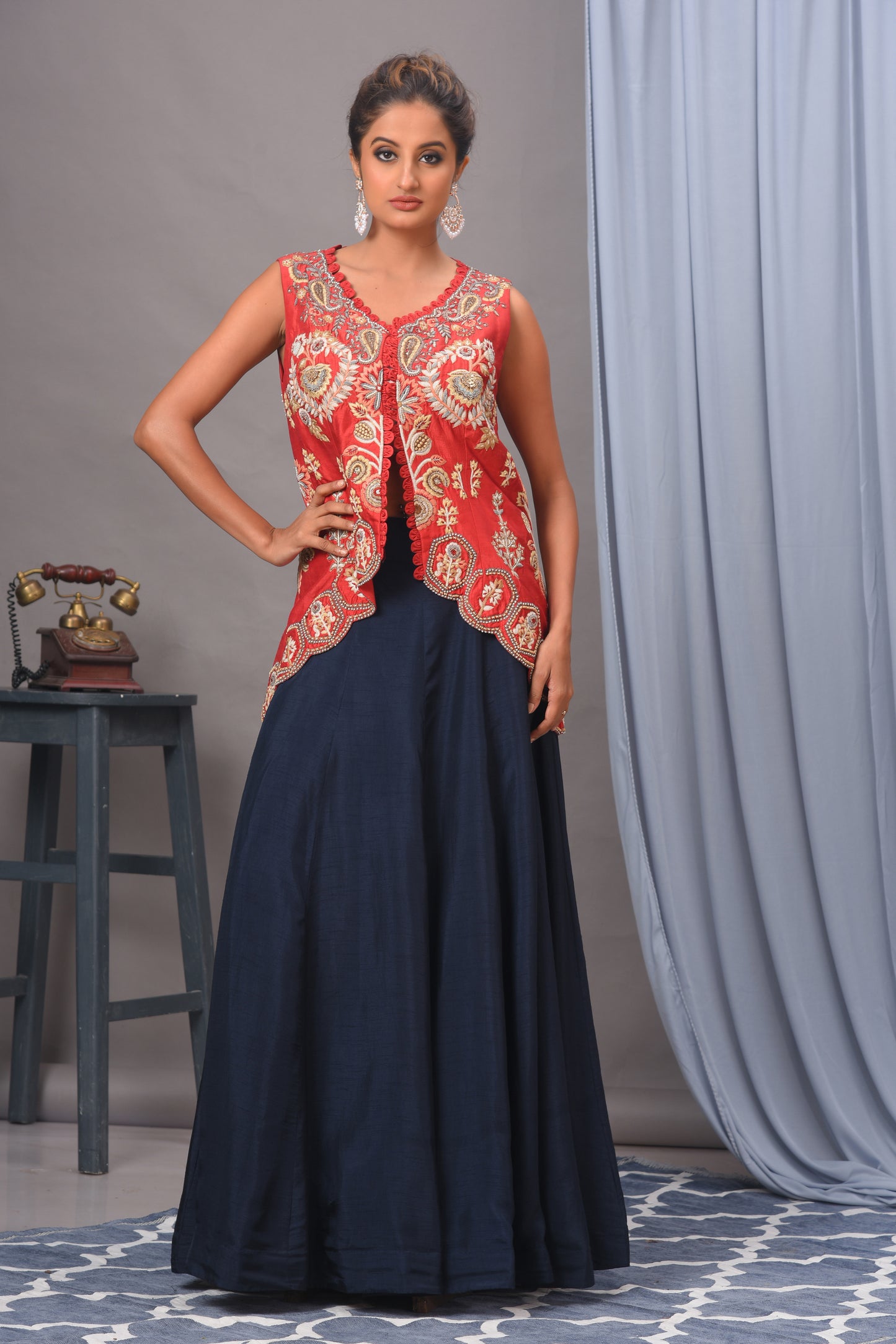 Red & Navy Blue Bamberg Silk Jacket and Skirt Set