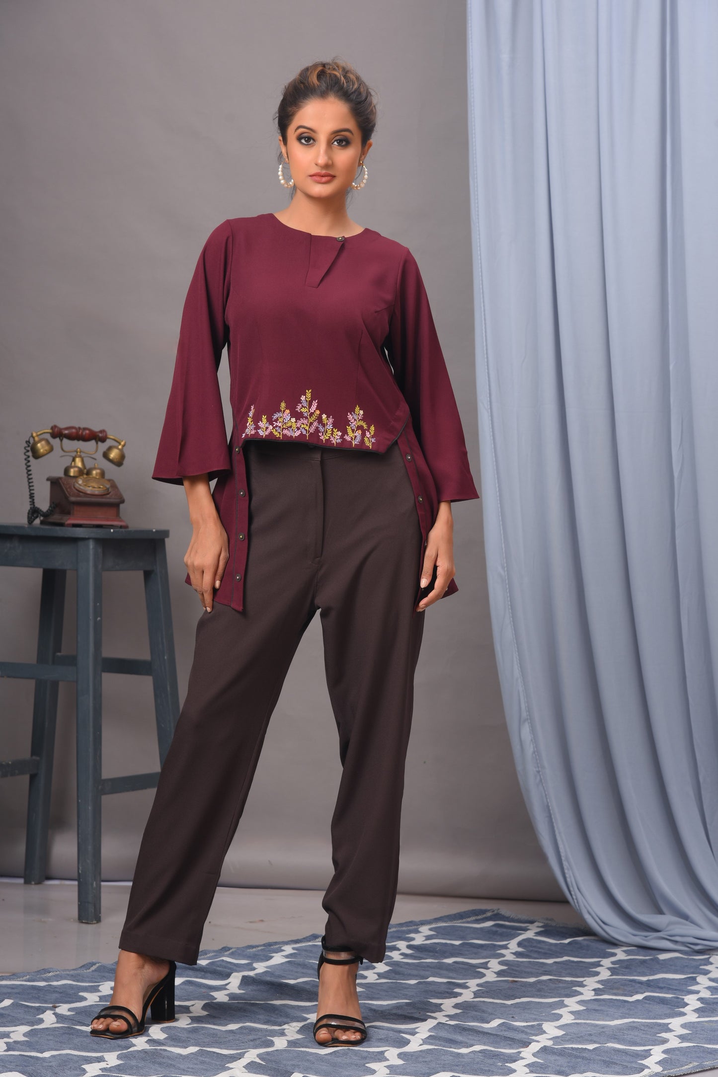 Wine Crepe Embellished Top with Pants set