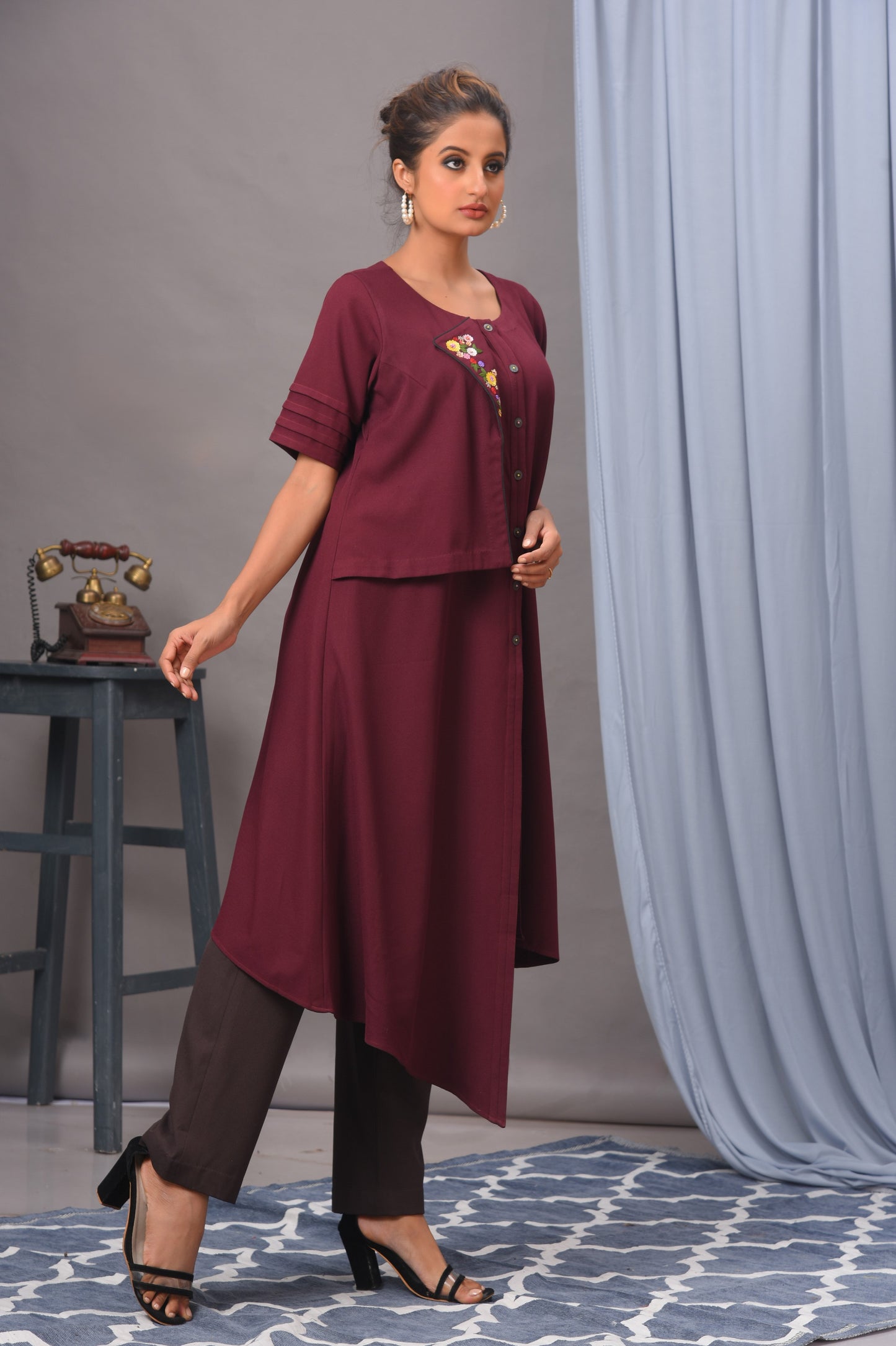 Wine Asymmetric Embellished Tunic Set - Golden Muslin