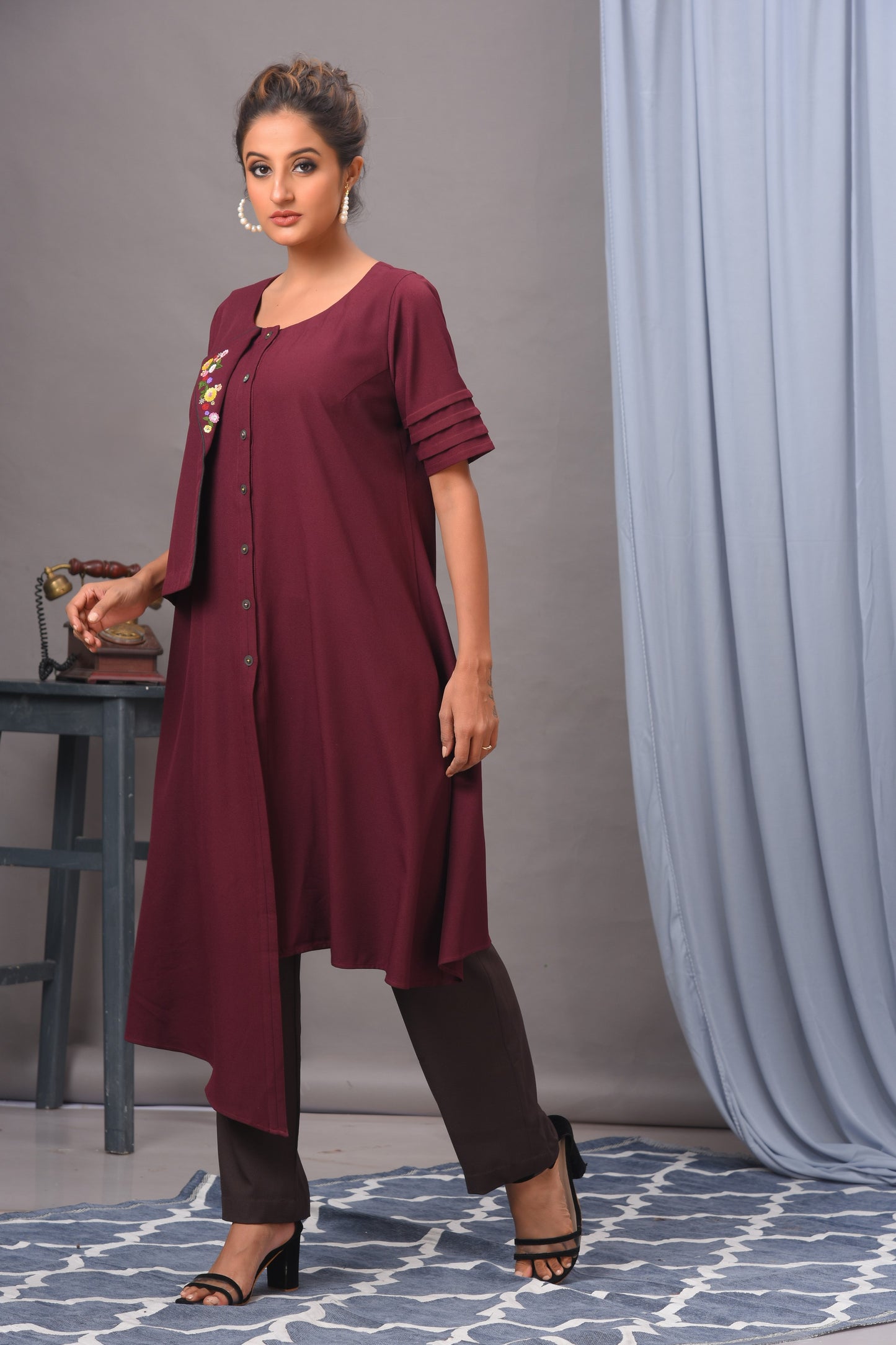 Wine Asymmetric Embellished Tunic Set - Golden Muslin