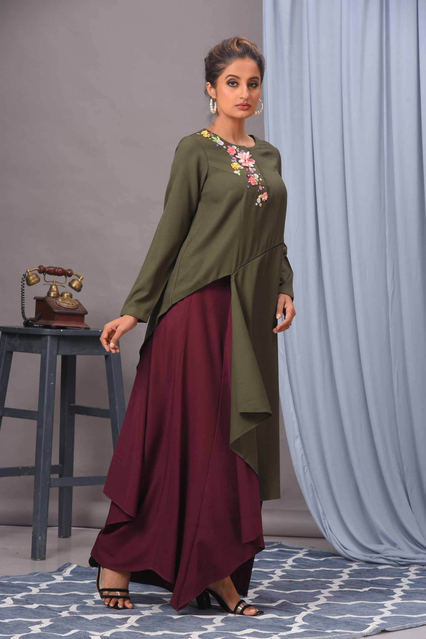 Olive Green & Wine Crepe Asymmetric Embellished Skirt Set - Golden Muslin