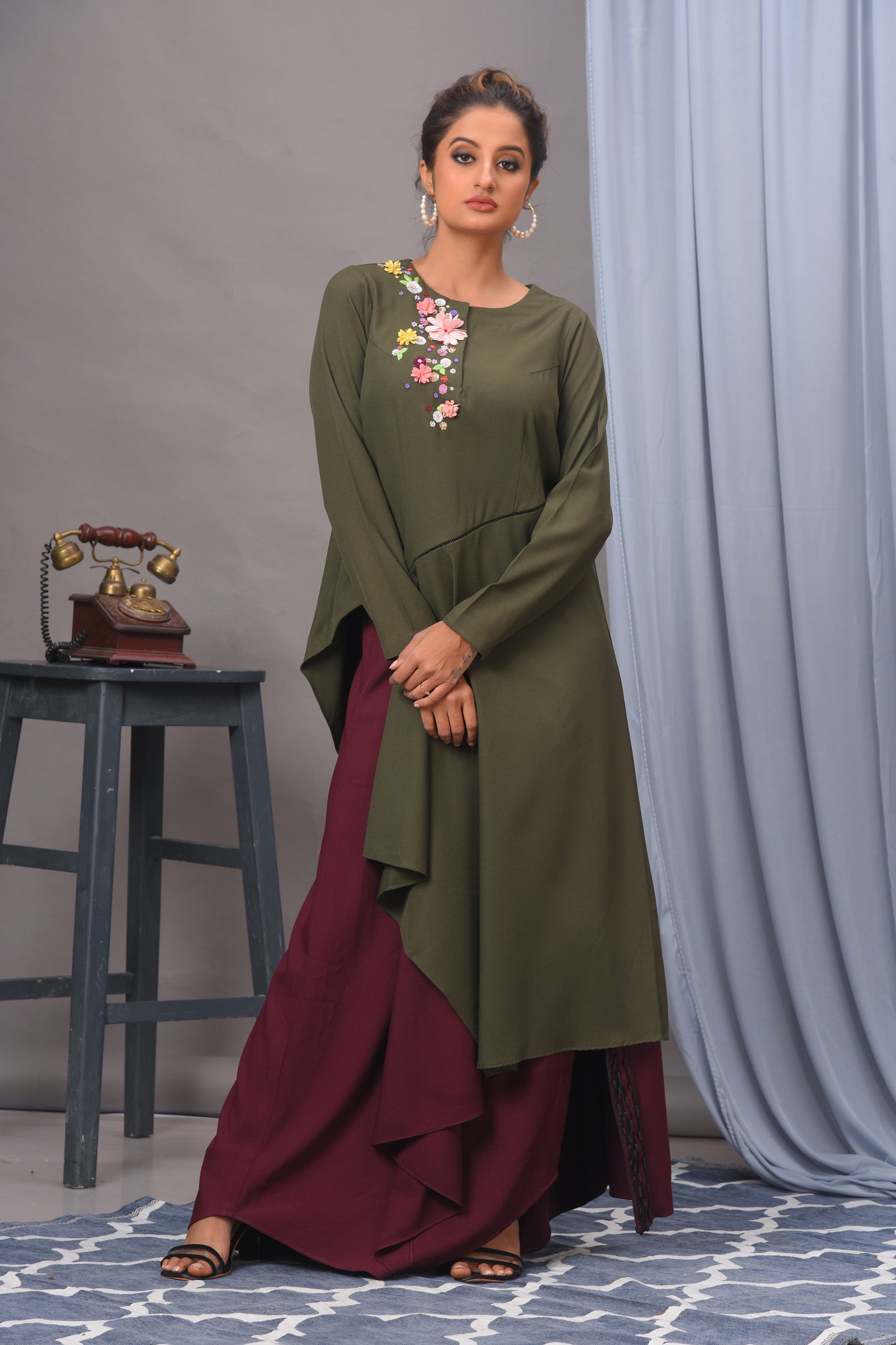 Olive Green & Wine Crepe Asymmetric Embellished Skirt Set - Golden Muslin