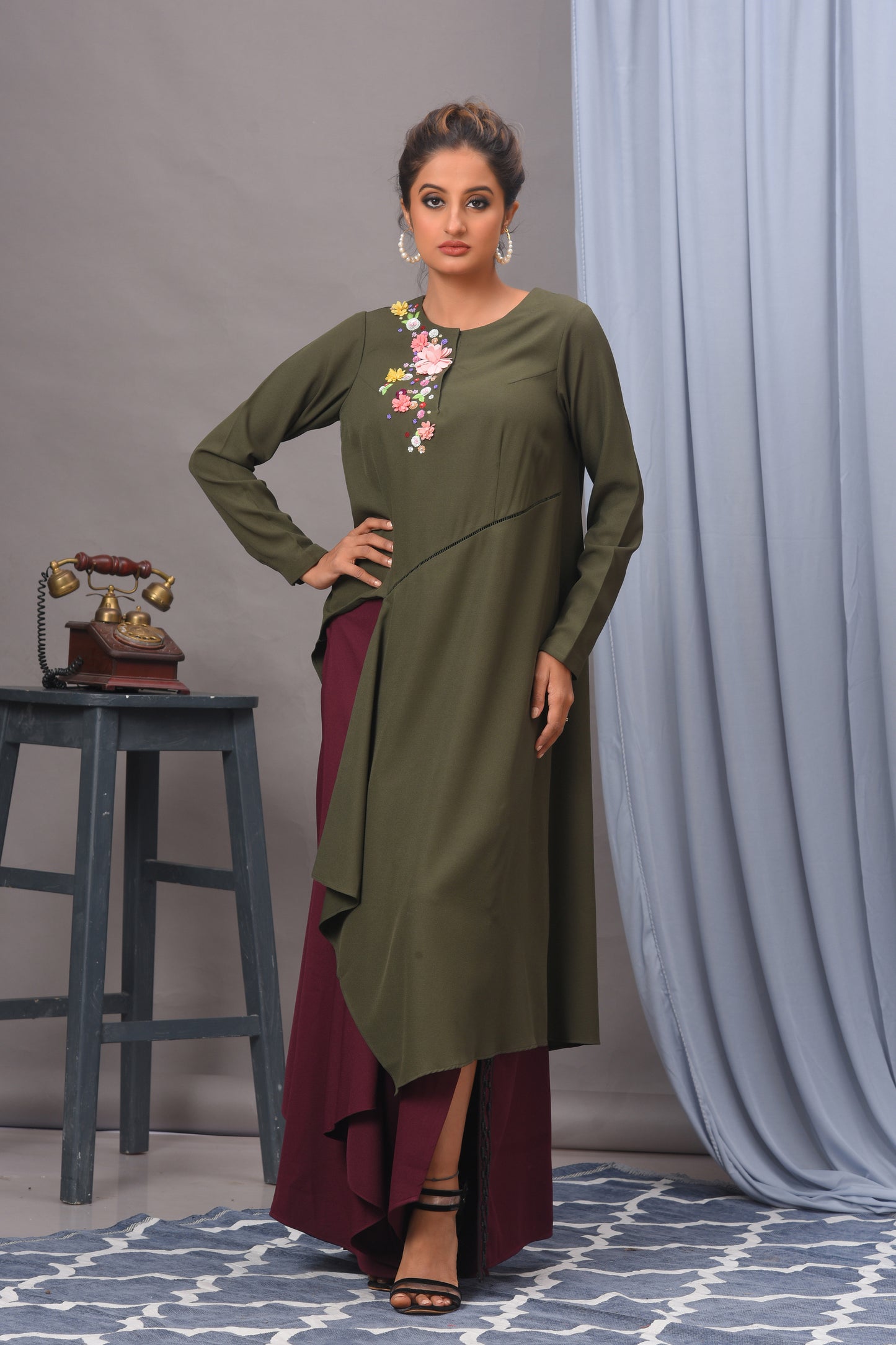 Olive Green & Wine Crepe Asymmetric Embellished Skirt Set - Golden Muslin