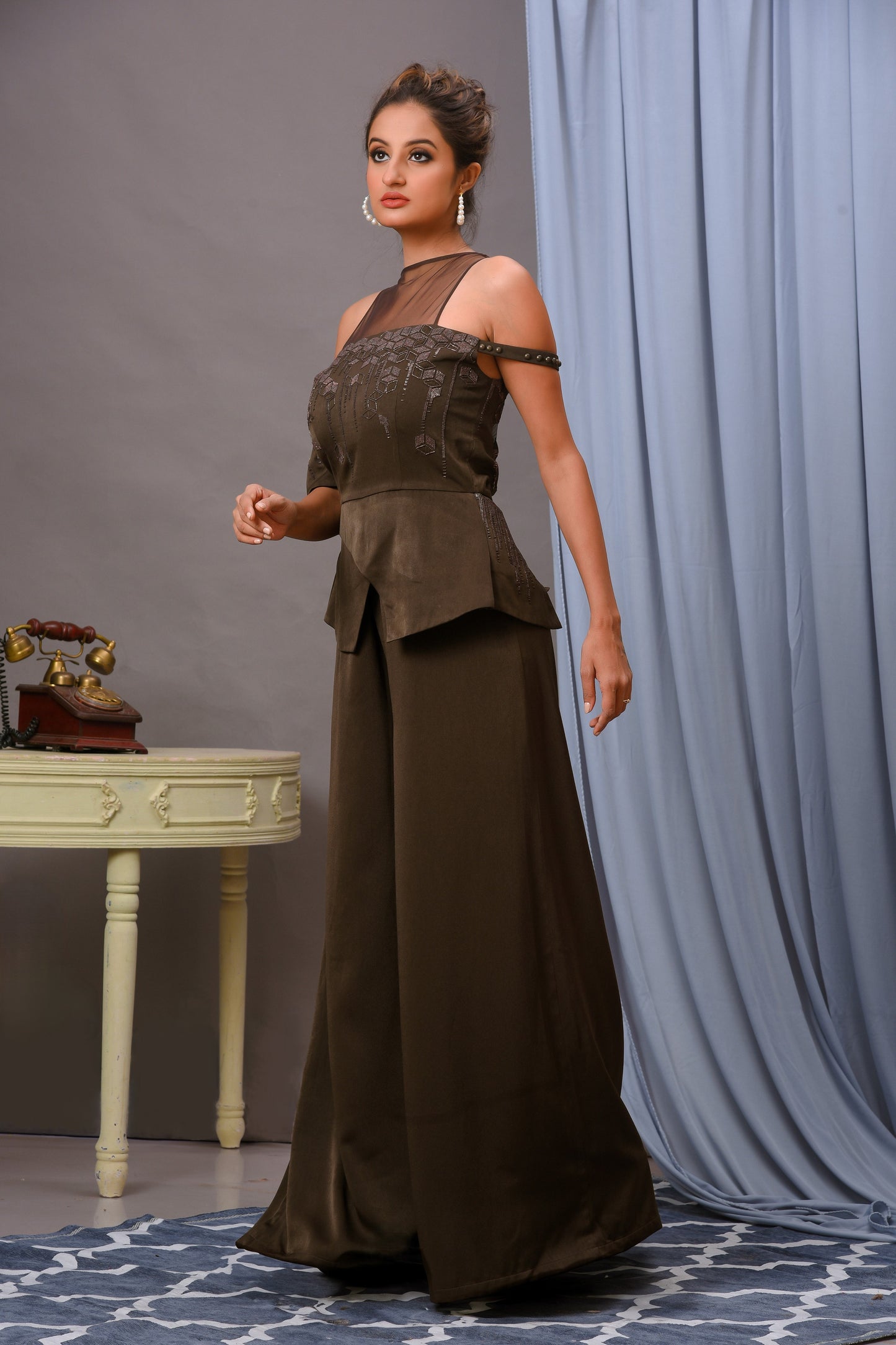 Olive Green Satin Embellished Jumpsuit