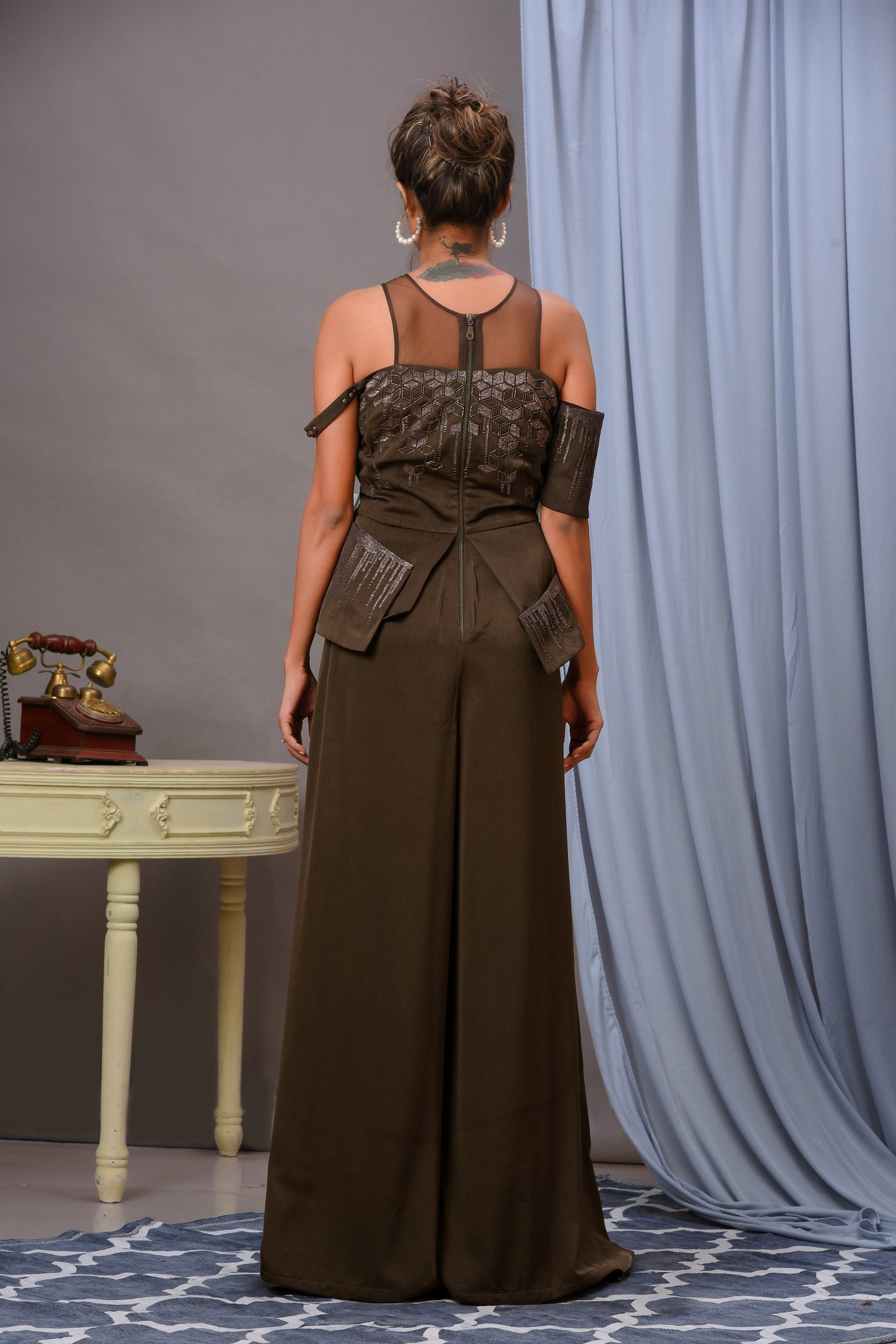 Olive Green Satin Embellished Jumpsuit