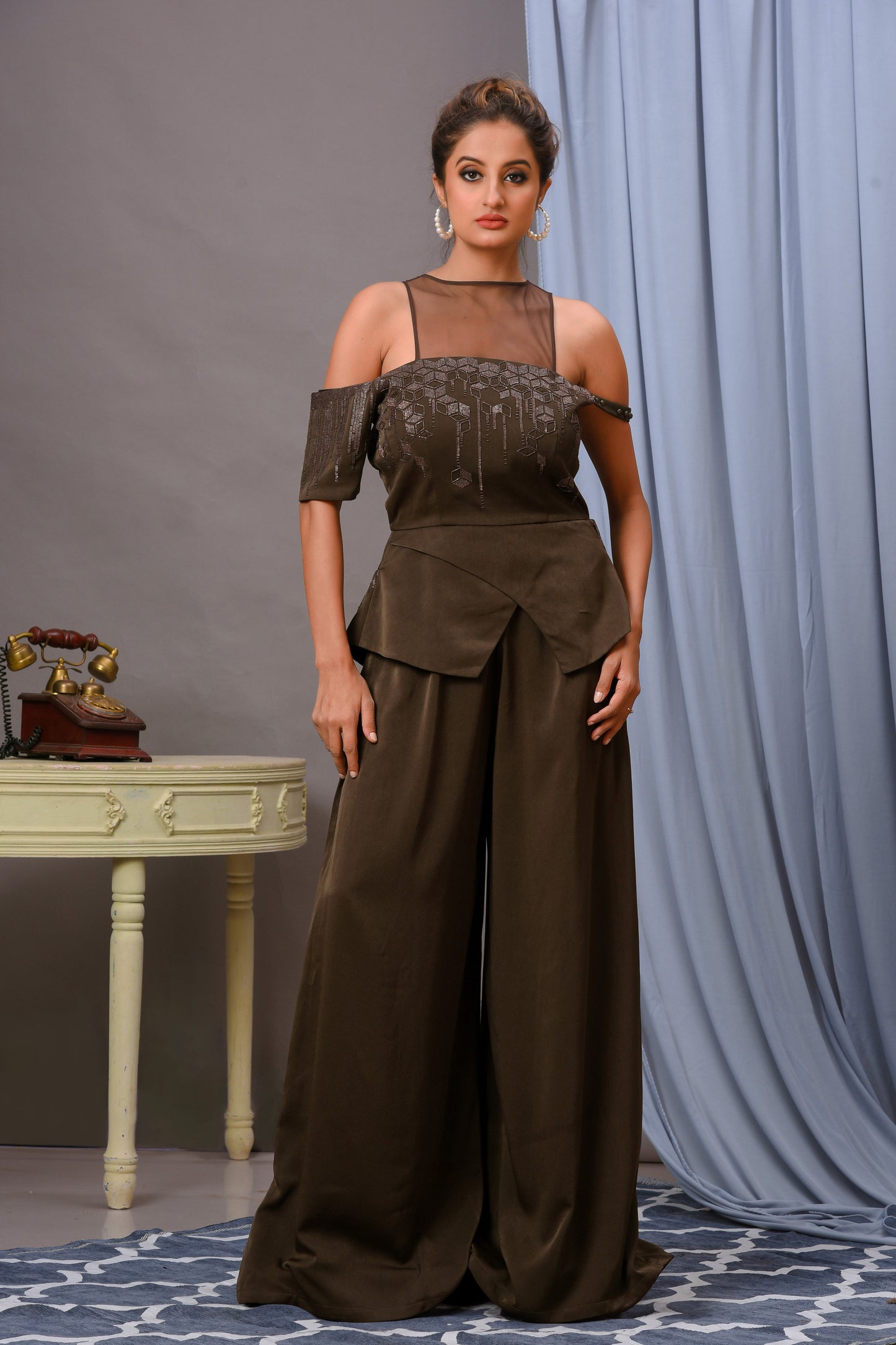 Olive Green Satin Embellished Jumpsuit