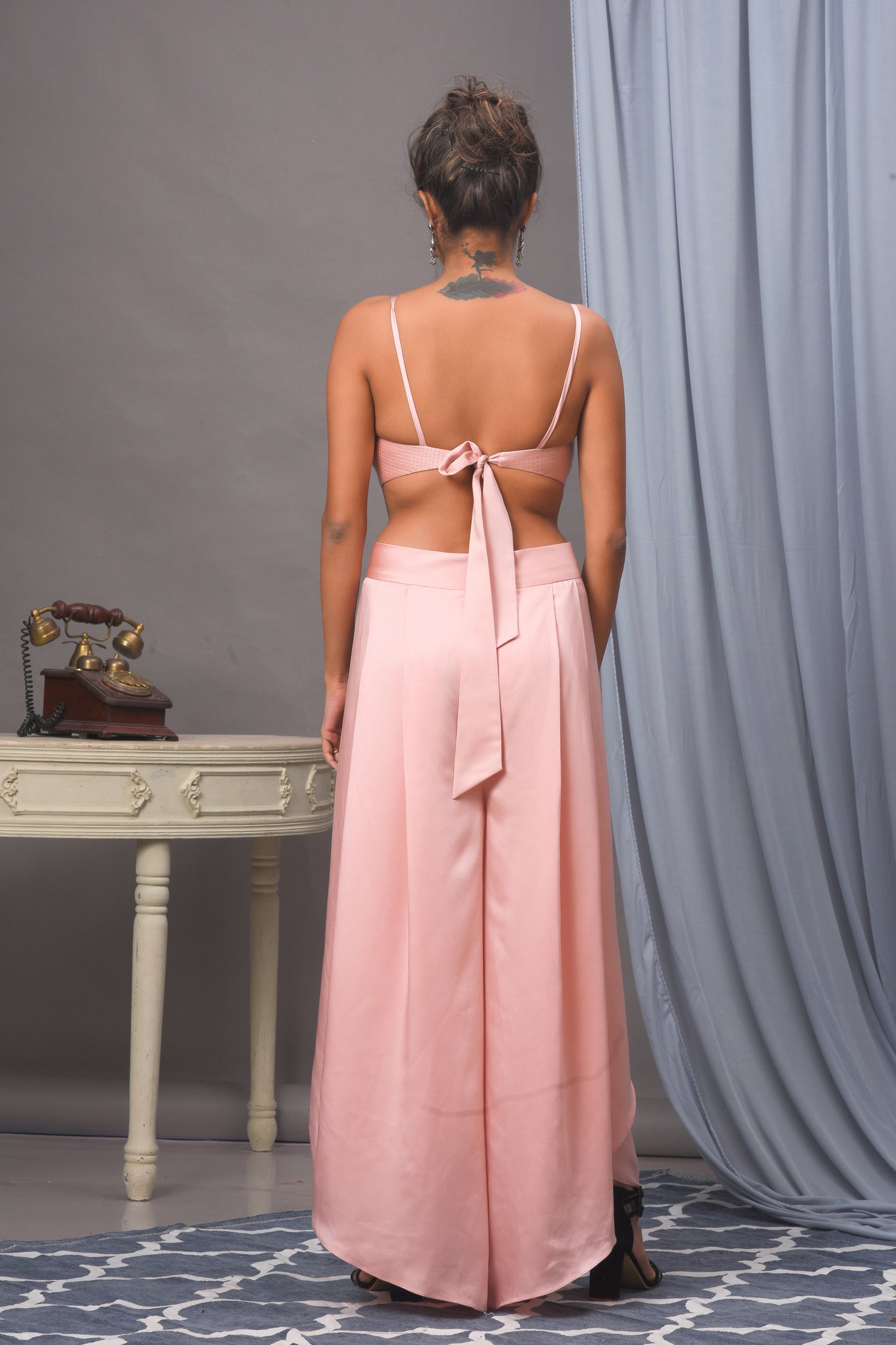 Baby Pink Modal Satin and Organza Palazzo Set