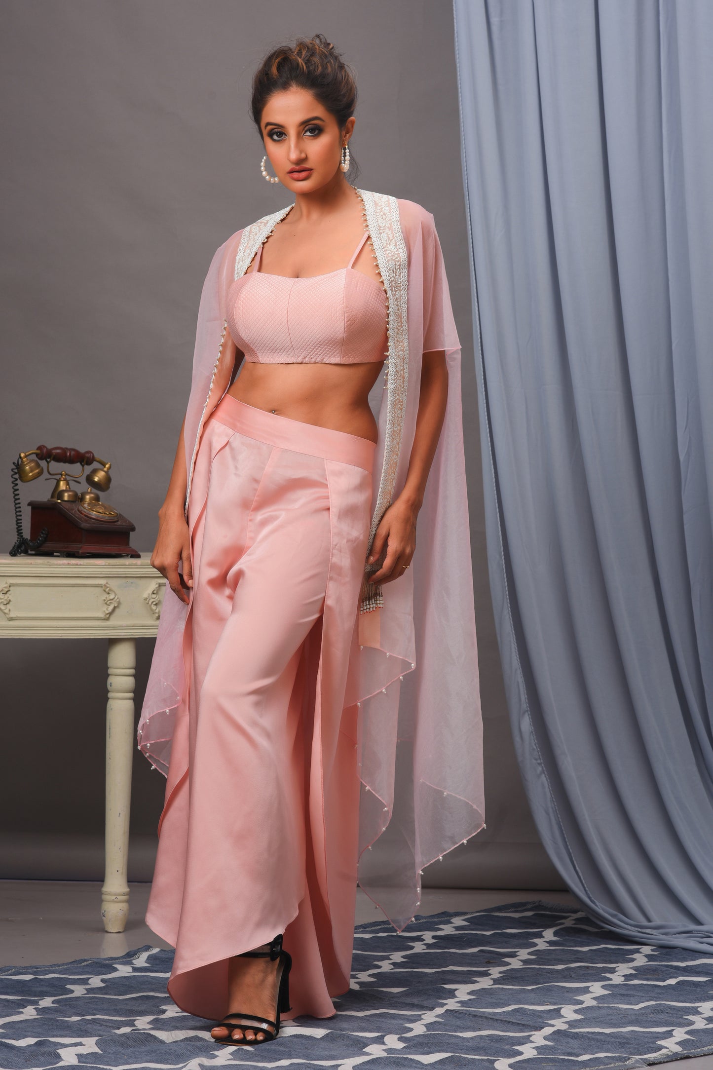 Baby Pink Modal Satin and Organza Palazzo Set