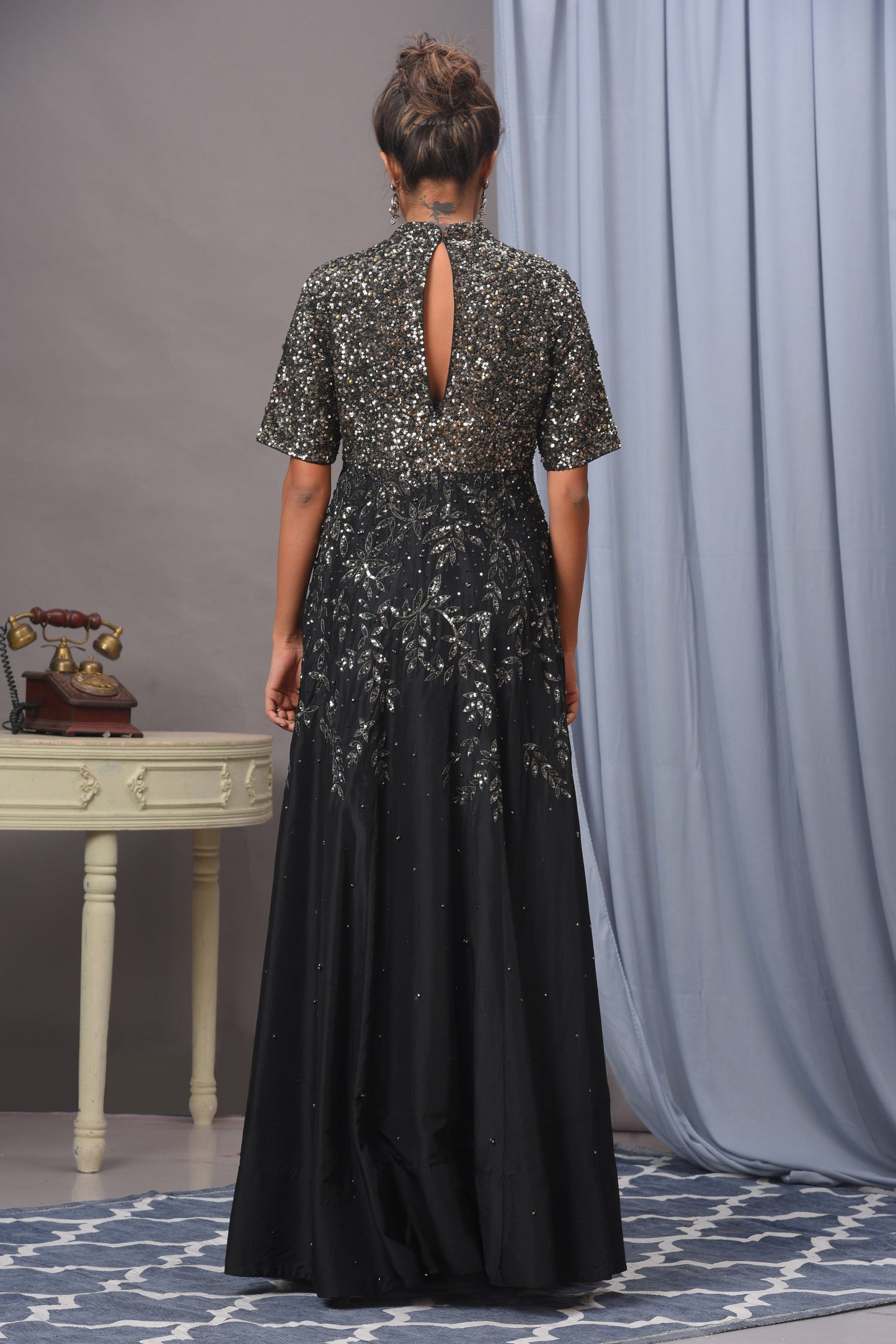 Black Crepe Embroidered & Sequin Embellished Gown