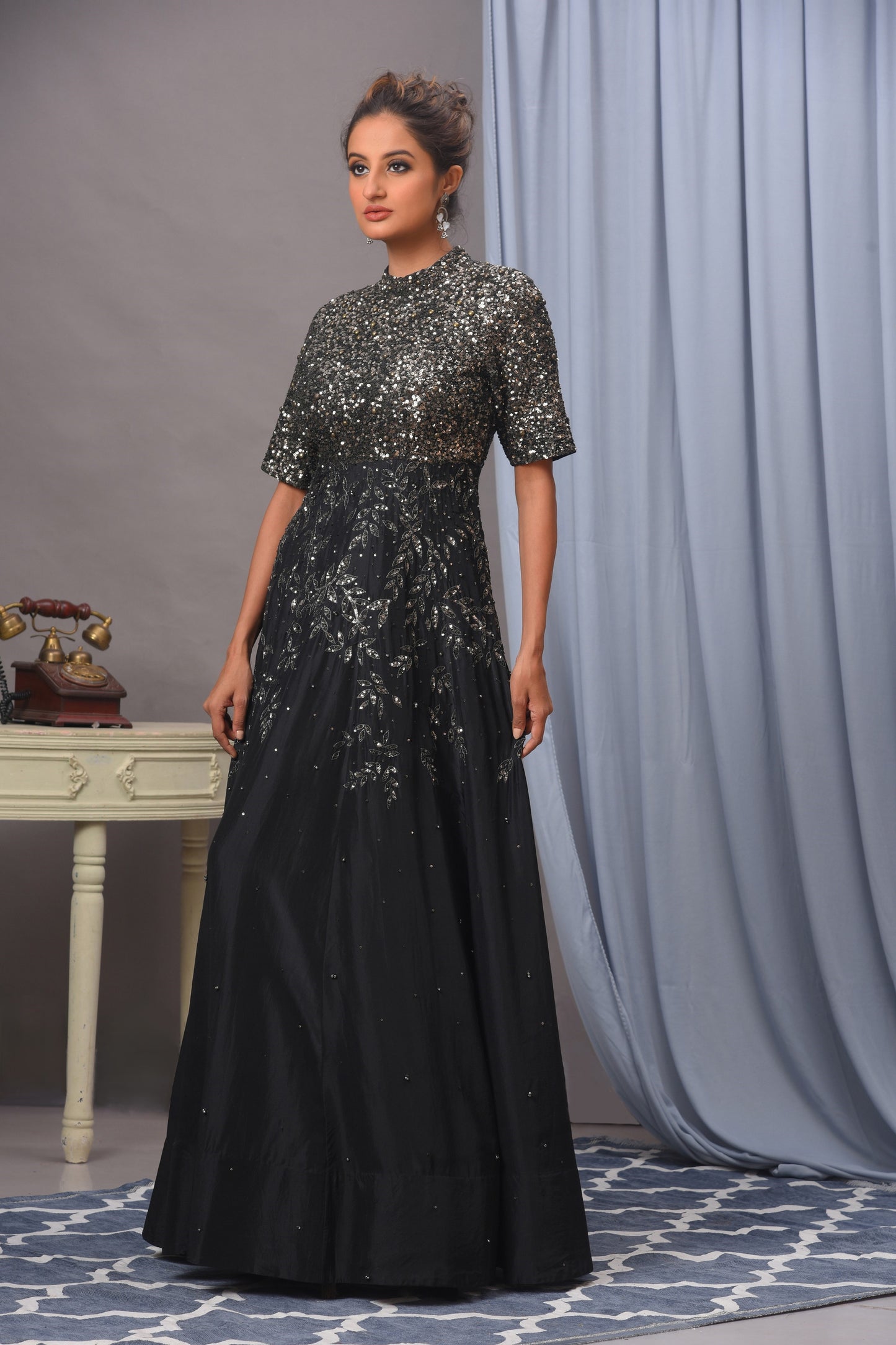 Black Crepe Embroidered & Sequin Embellished Gown