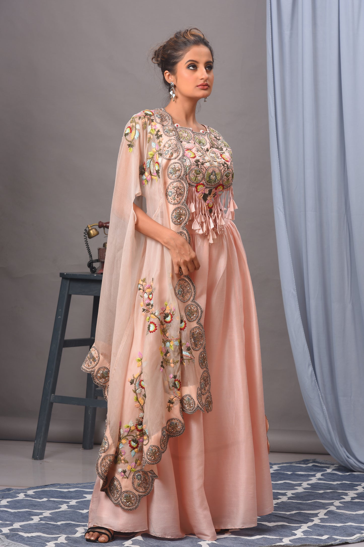 Baby Pink Bamberg Silk Embroidered Cape Sharara Set