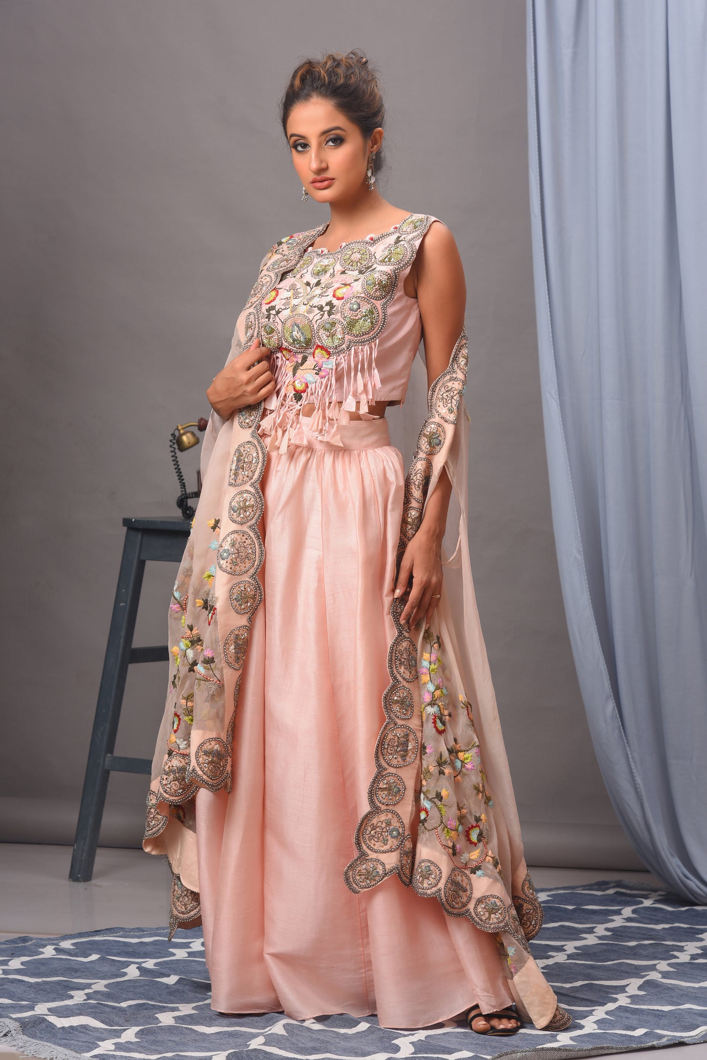 Baby Pink Bamberg Silk Embroidered Cape Sharara Set