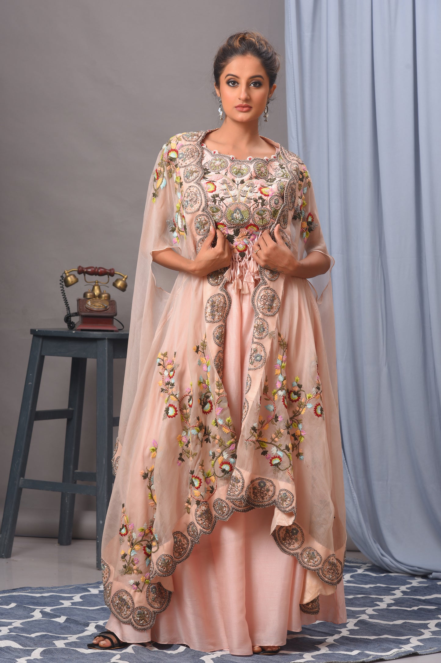 Baby Pink Bamberg Silk Embroidered Cape Sharara Set