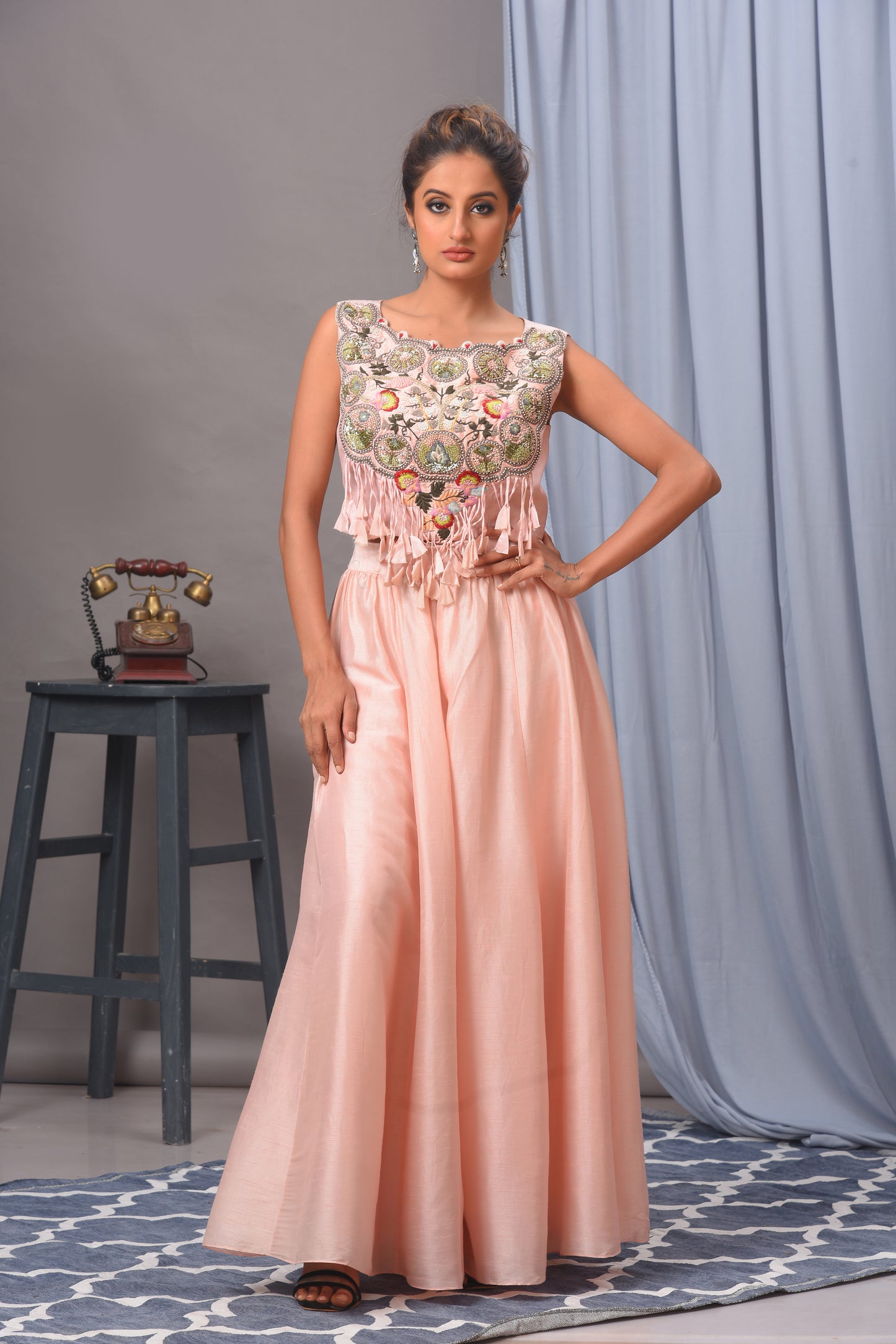 Baby Pink Bamberg Silk Embroidered Cape Sharara Set