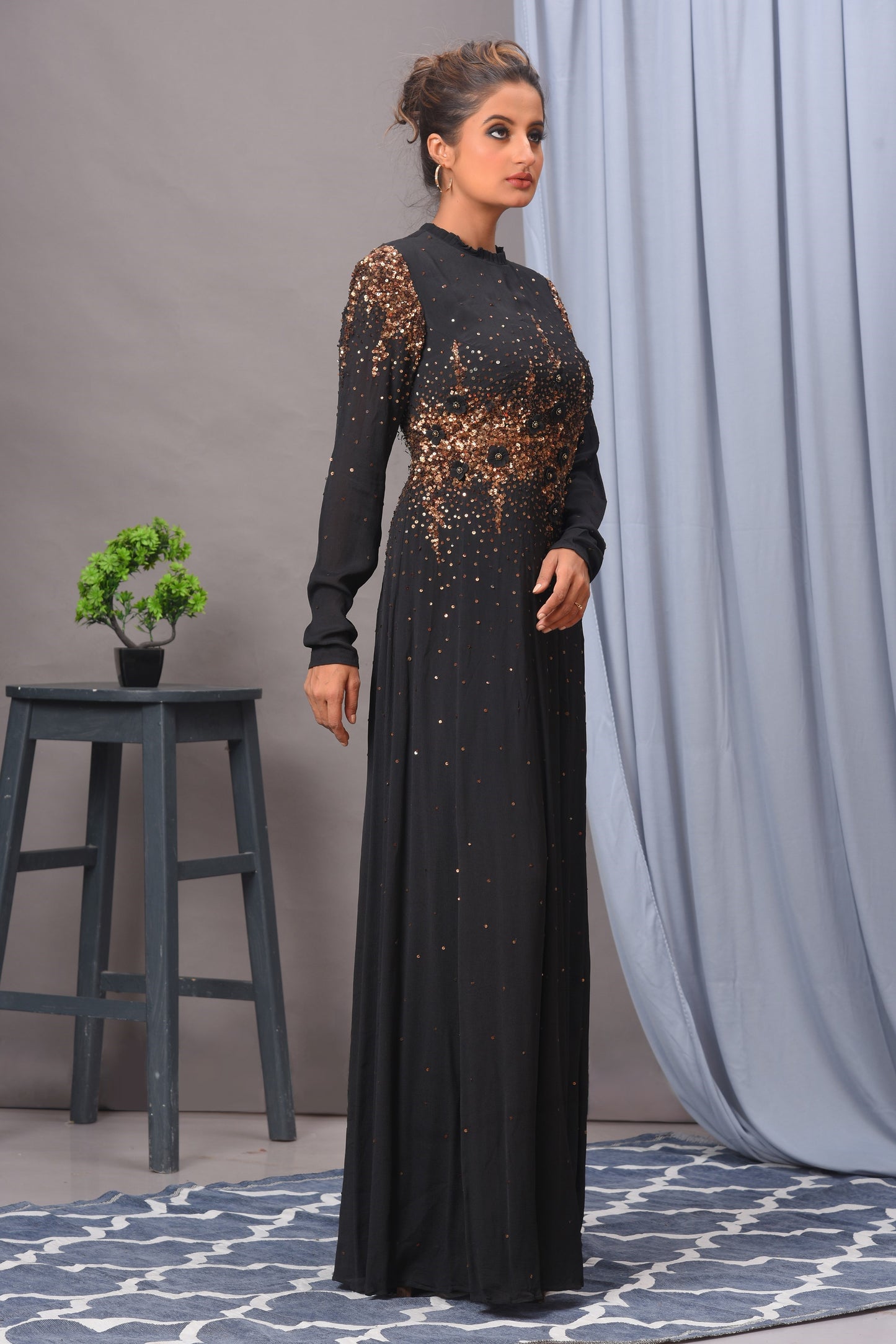 Black Chiffon Embroidered Gown
