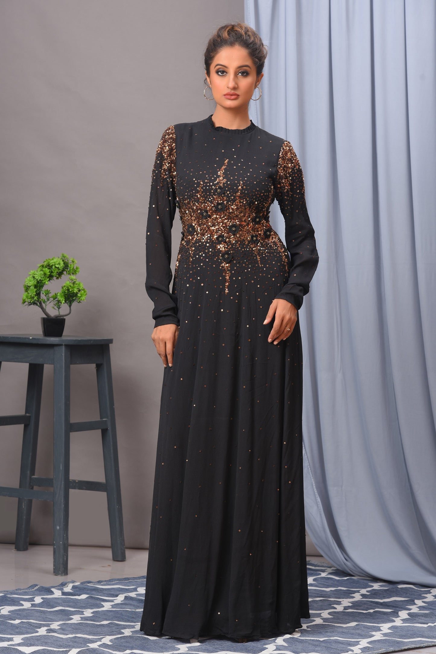 Black Chiffon Embroidered Gown