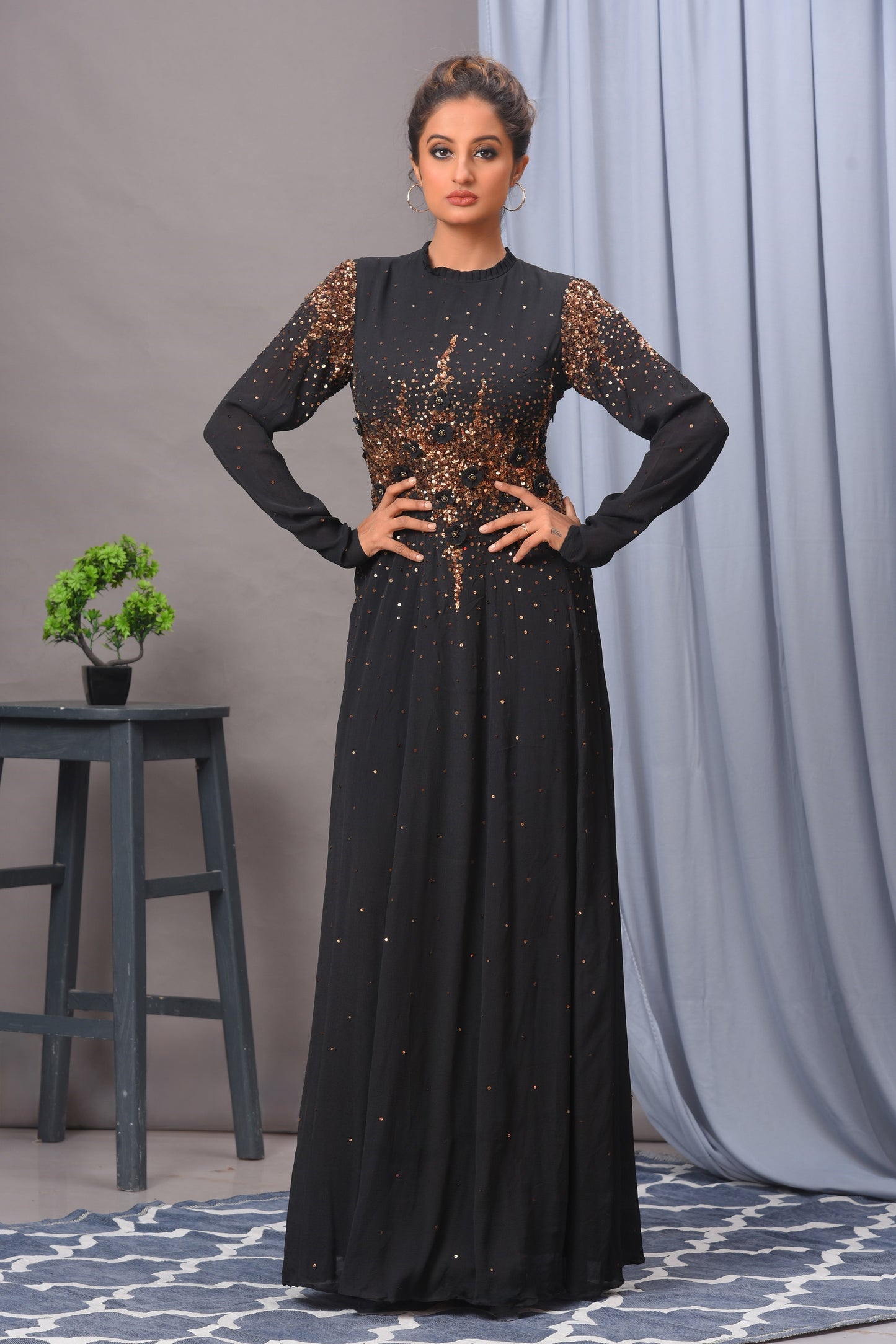 Black Chiffon Embroidered Gown