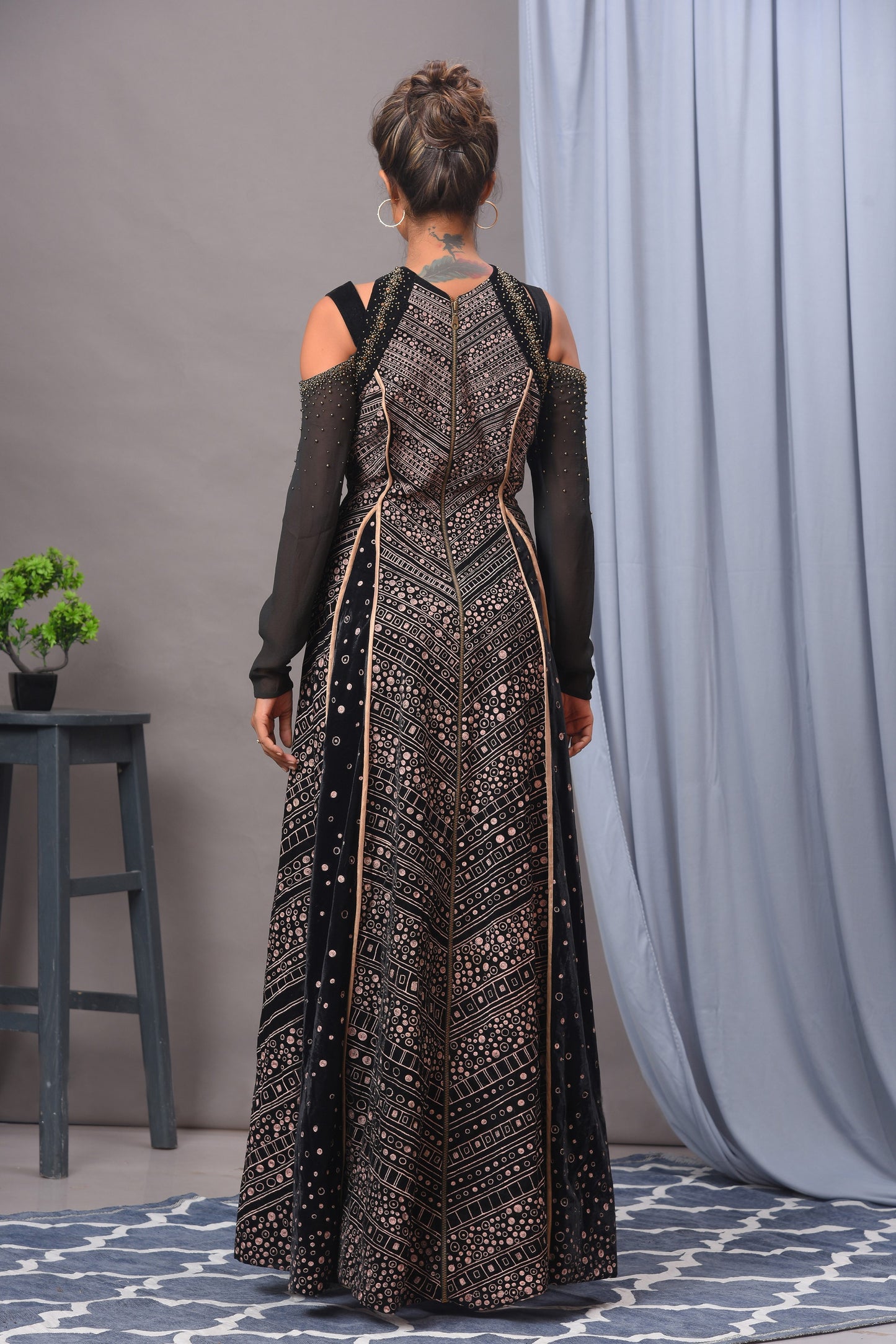 Black Georgette Embroidered Cold Shoulder Gown