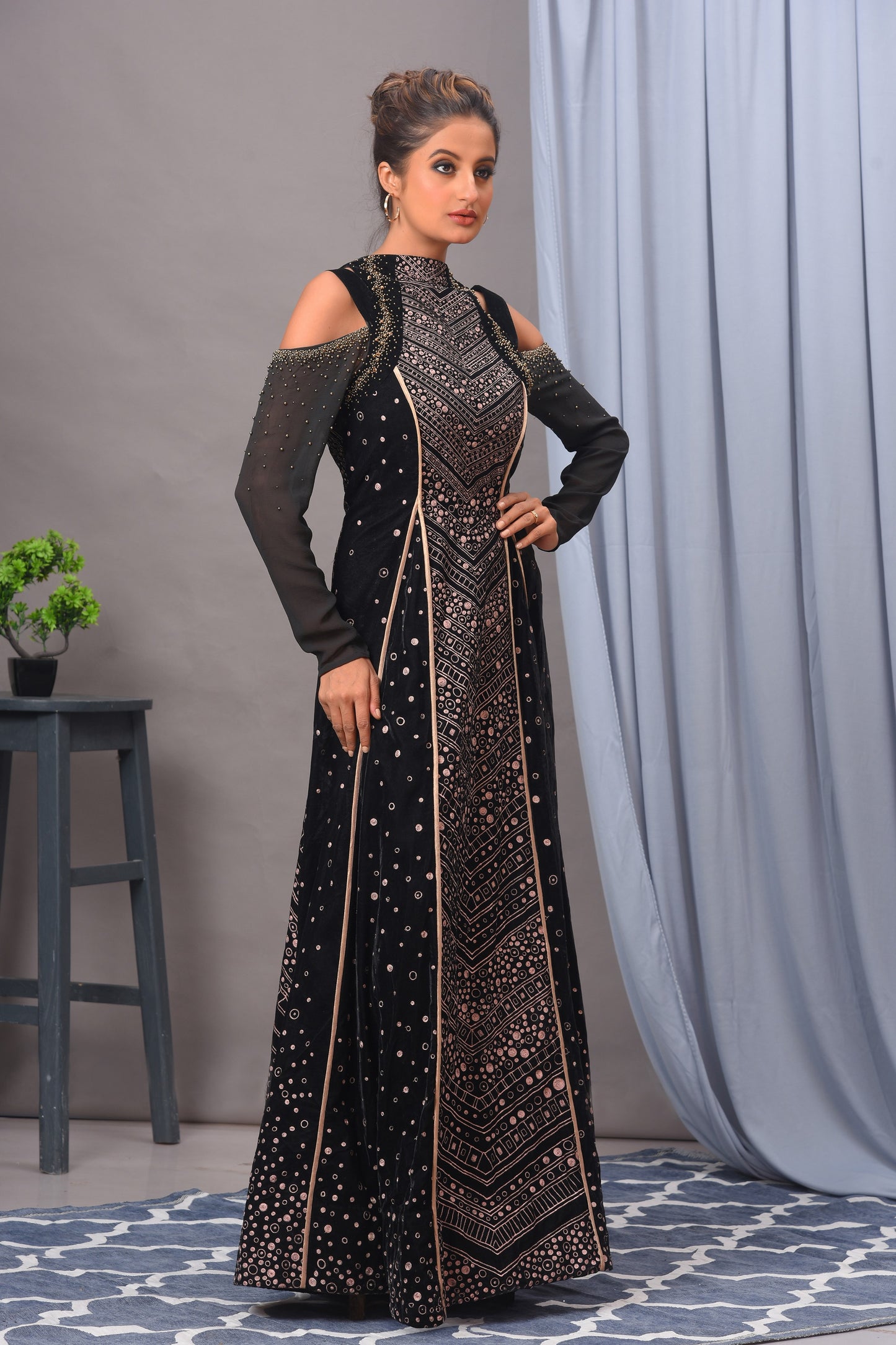Black Georgette Embroidered Cold Shoulder Gown